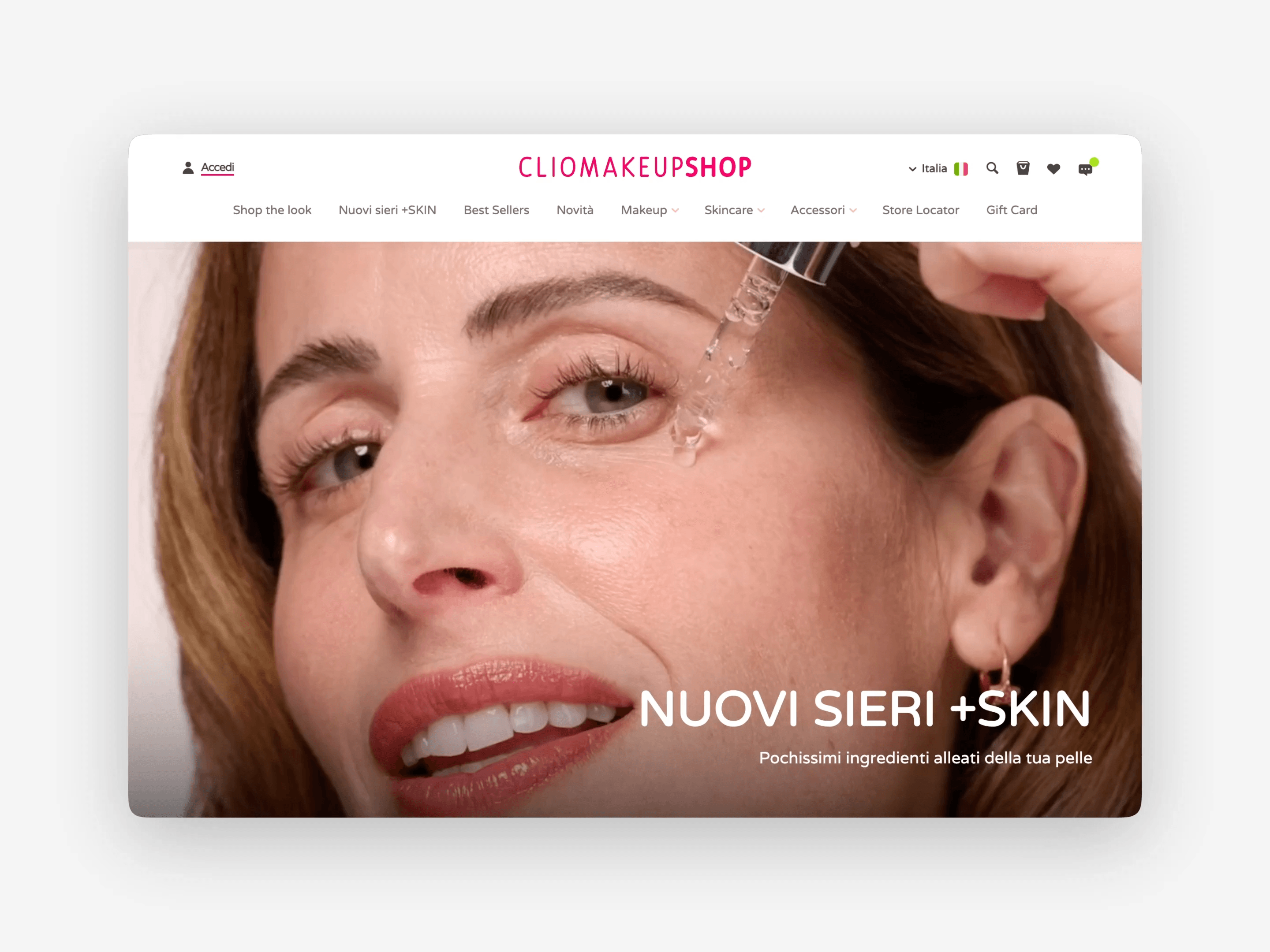 Schermata del sito ClioMakeUp Shop con focus sui nuovi sieri skincare della linea +SKIN.