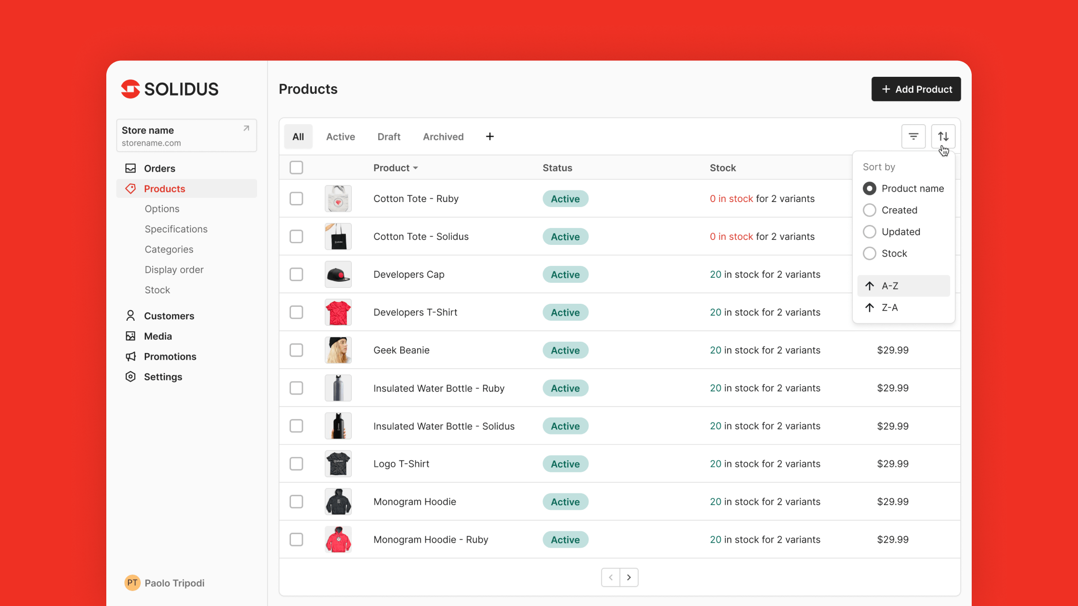 Solidus interface screen showing the product list in an ecommerce admin panel.