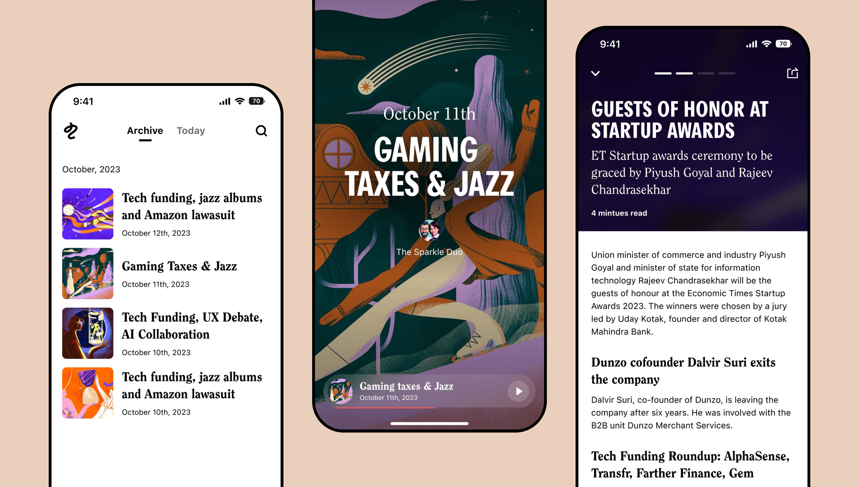 Screenshot of the Tailor app showing a personalized feed of editorial content on tech, economy, and pop culture.