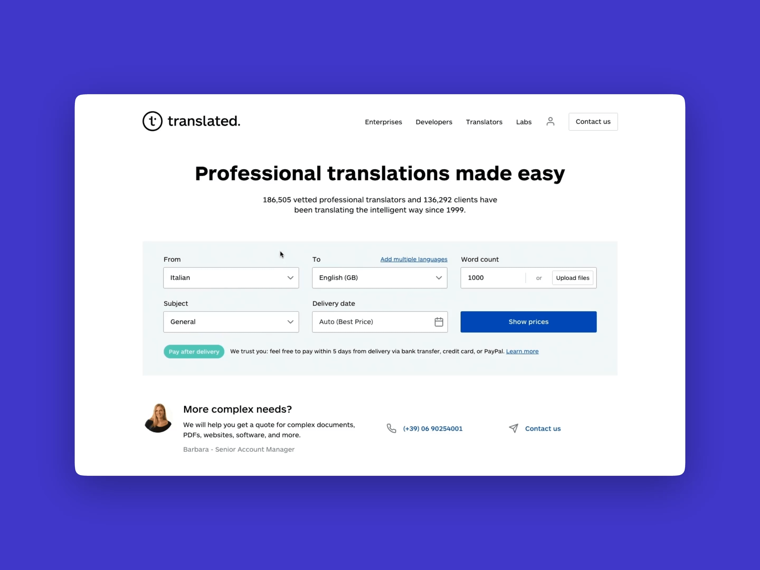 Screenshot of the Translated website with a form to quickly get a quote for professional translations.
