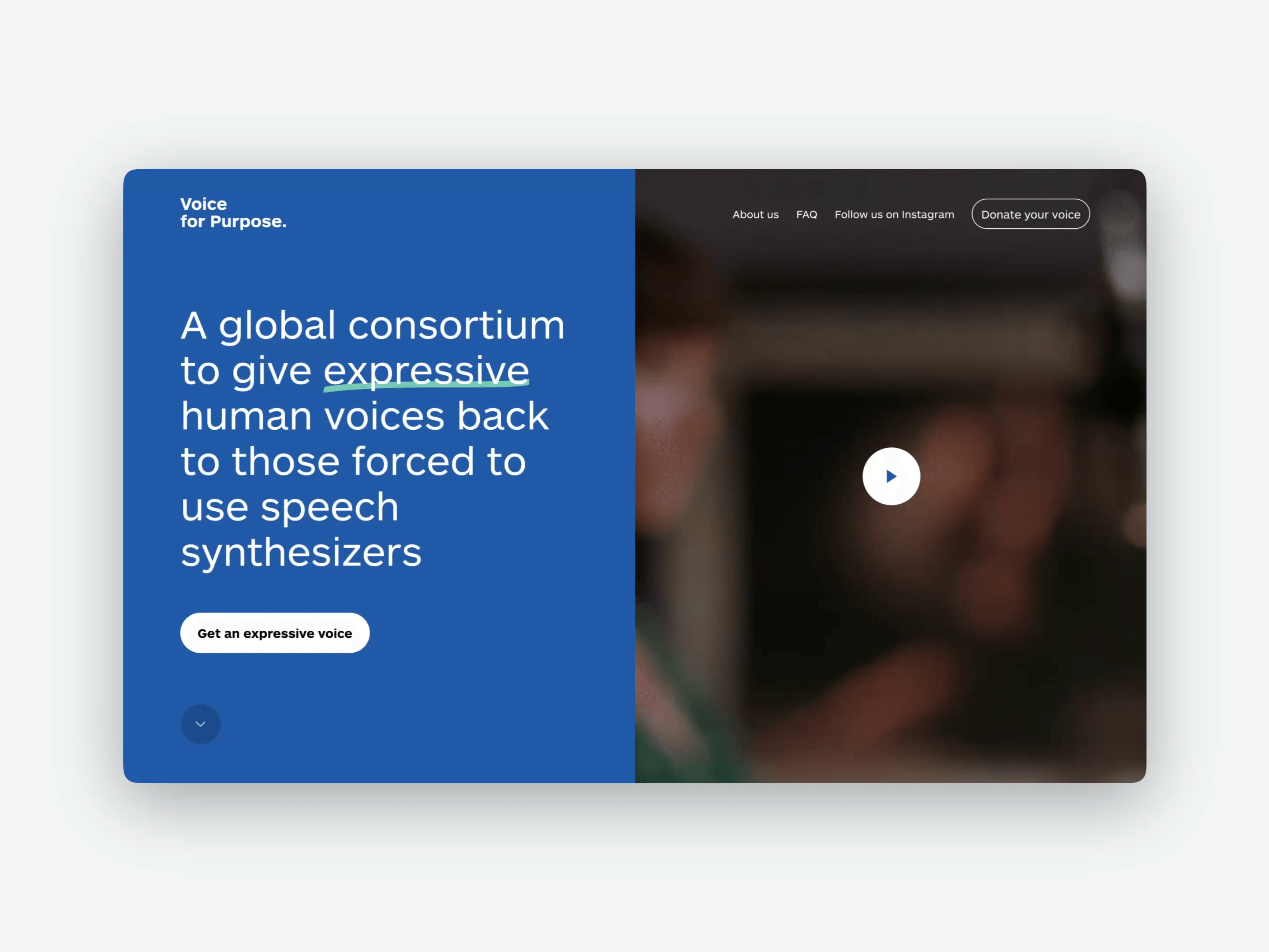 Screenshot of the Voice for Purpose website highlighting the mission to return expressive human voices to speech synthesizer users.