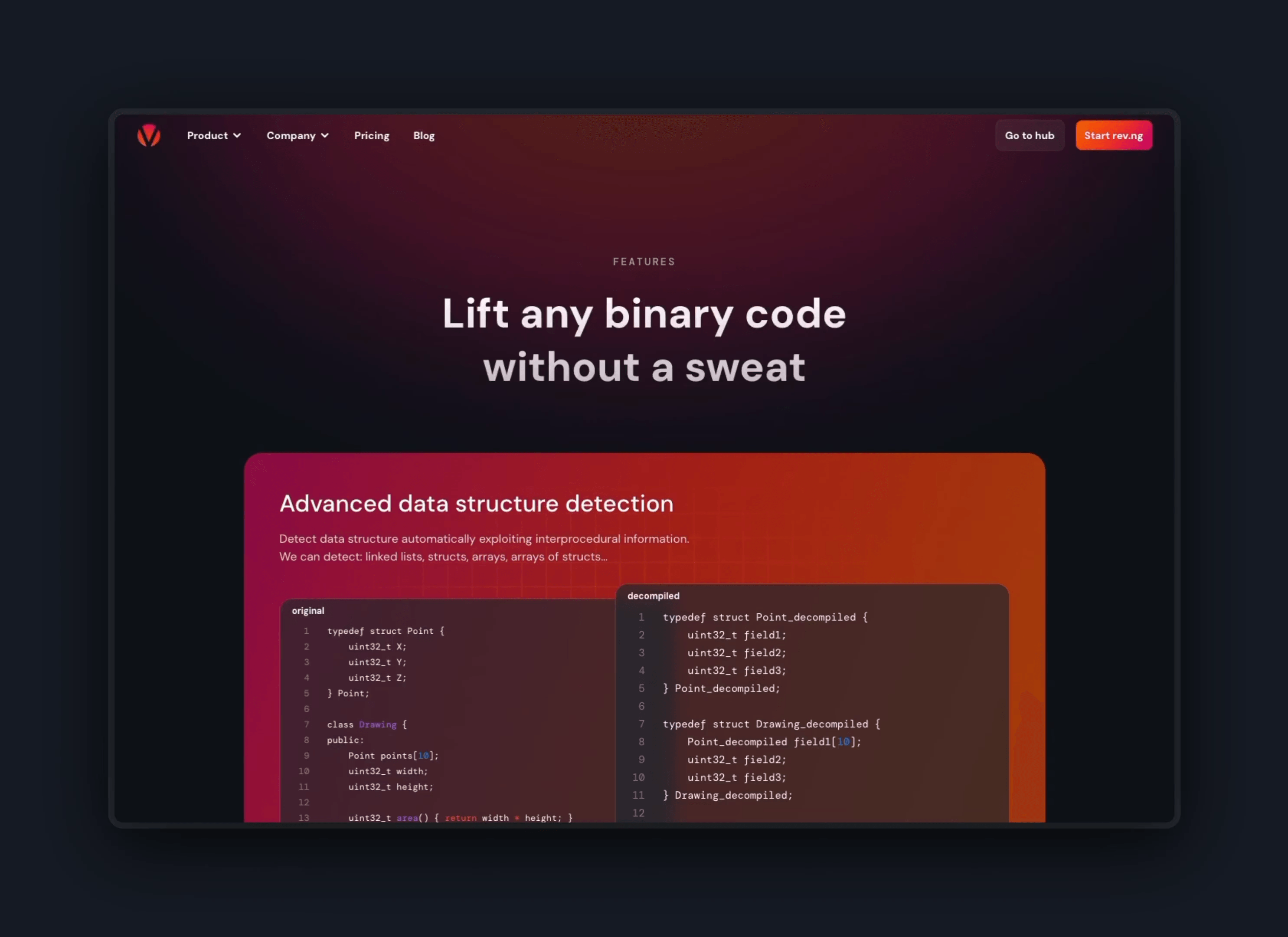 Schermata del sito rev.ng con headline su un decompiler di nuova generazione e interfaccia scura in evidenza.