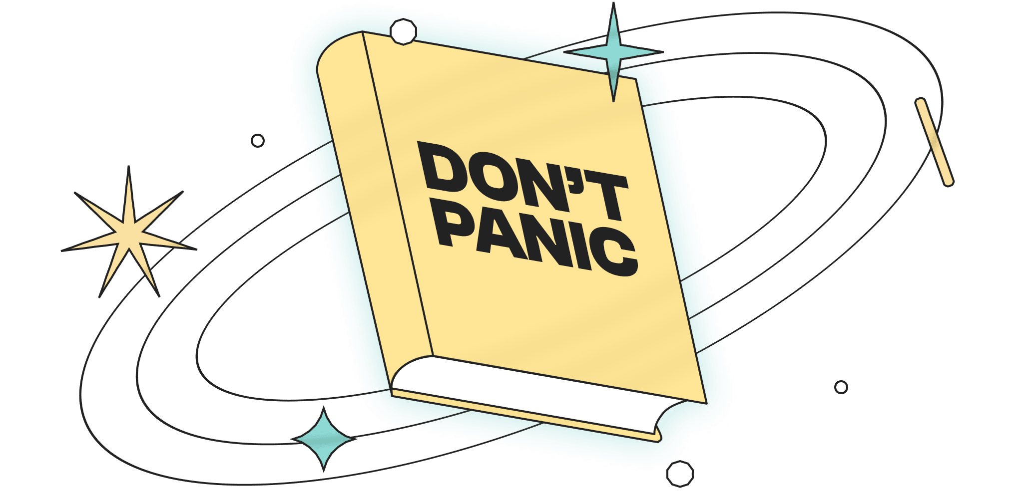 A book floats in orbit with a text on the cover: “Don't panic“.