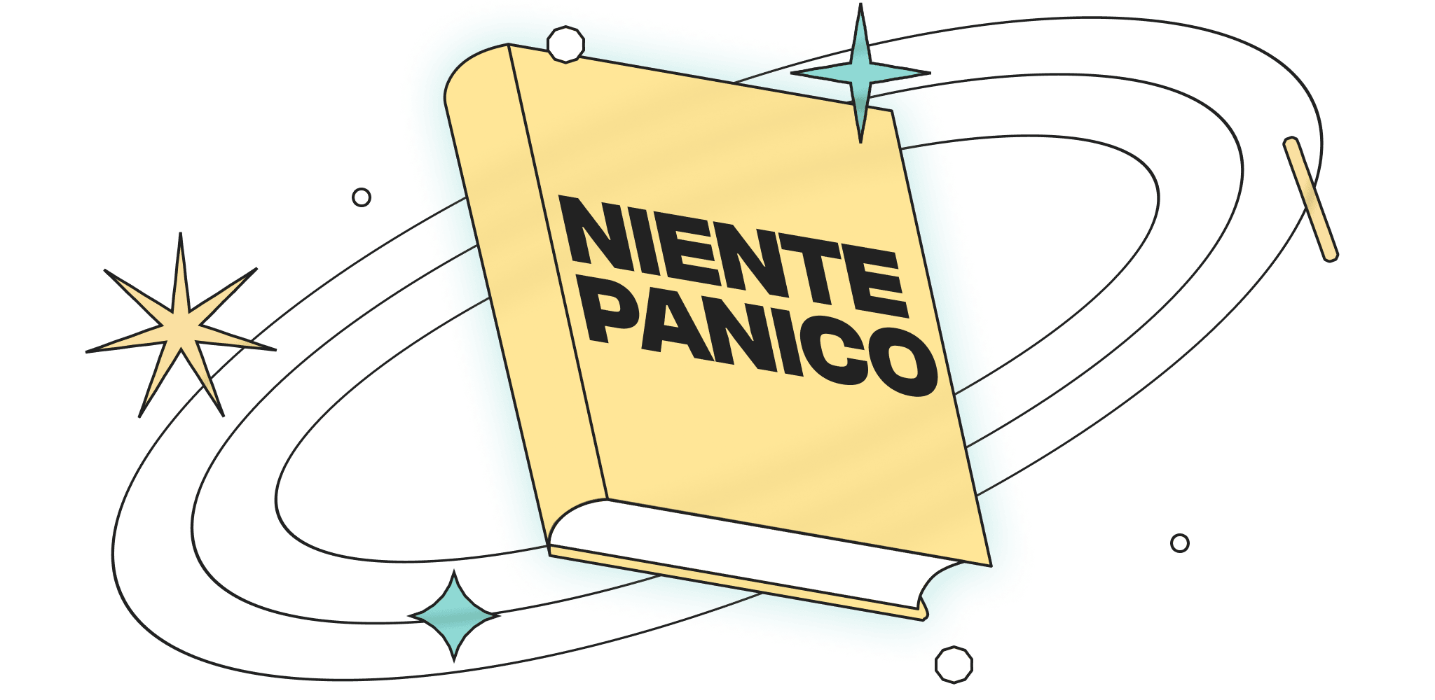 Un libro fluttua in orbita e sulla copertina c’è scritto: “Niente panico”.