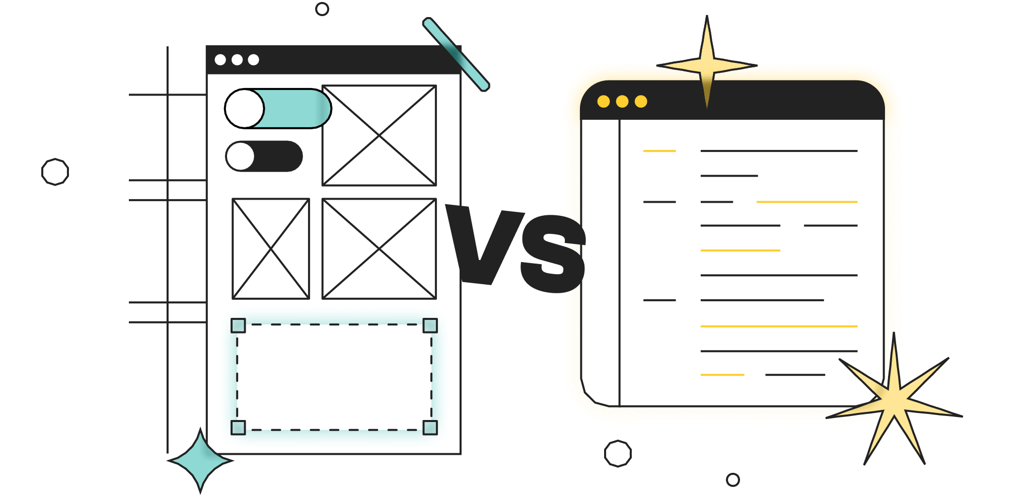 Two screens appear: on the left there's the typical interface layout, while on the right there's a coding software. Between the two there's a text that says “VS“.