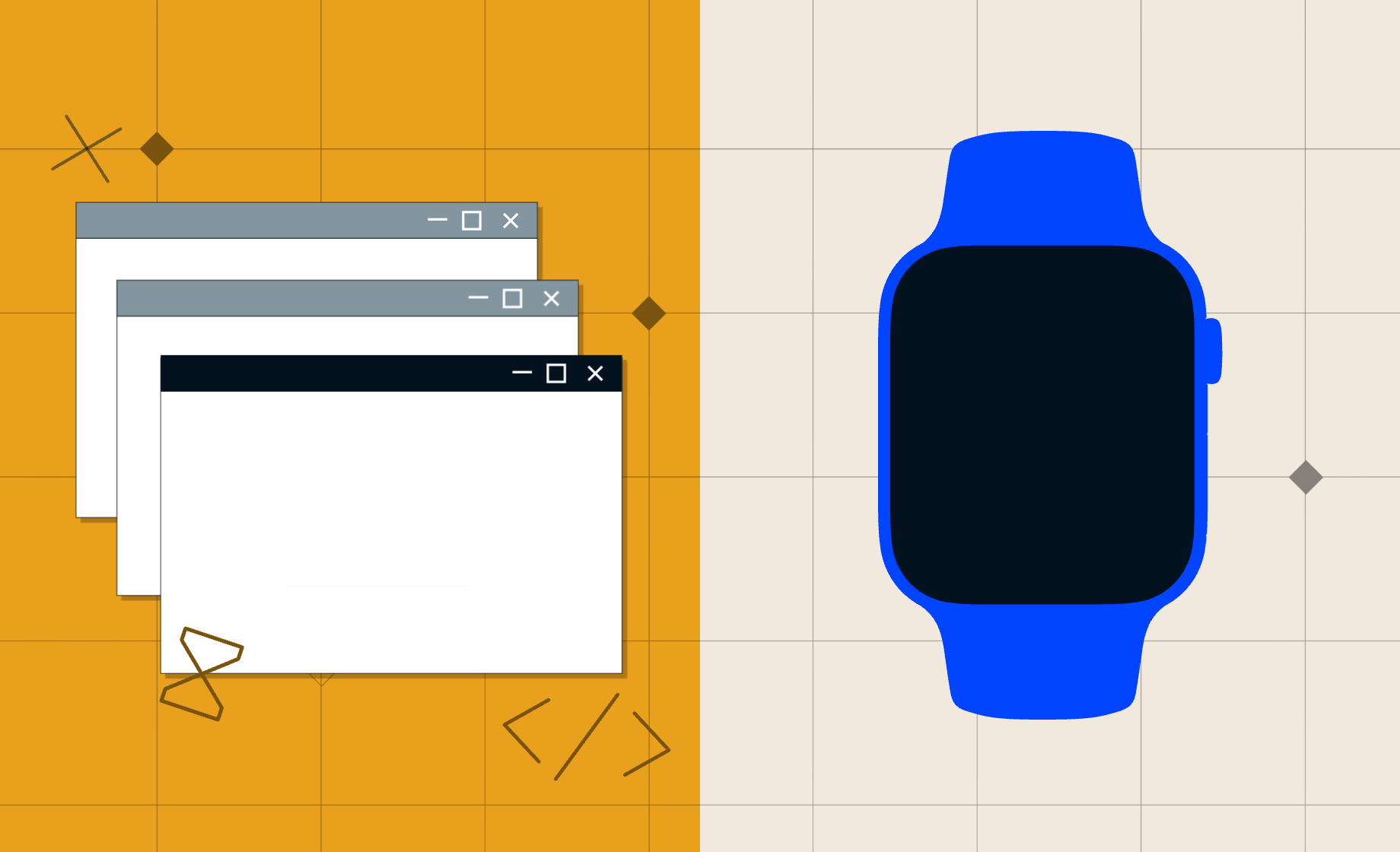 Split-screen illustration: on the left, three error windows over an orange background; on the right, a blue smartwatch with a checkmark on a light background, representing the contrast between complex and simple interfaces.
