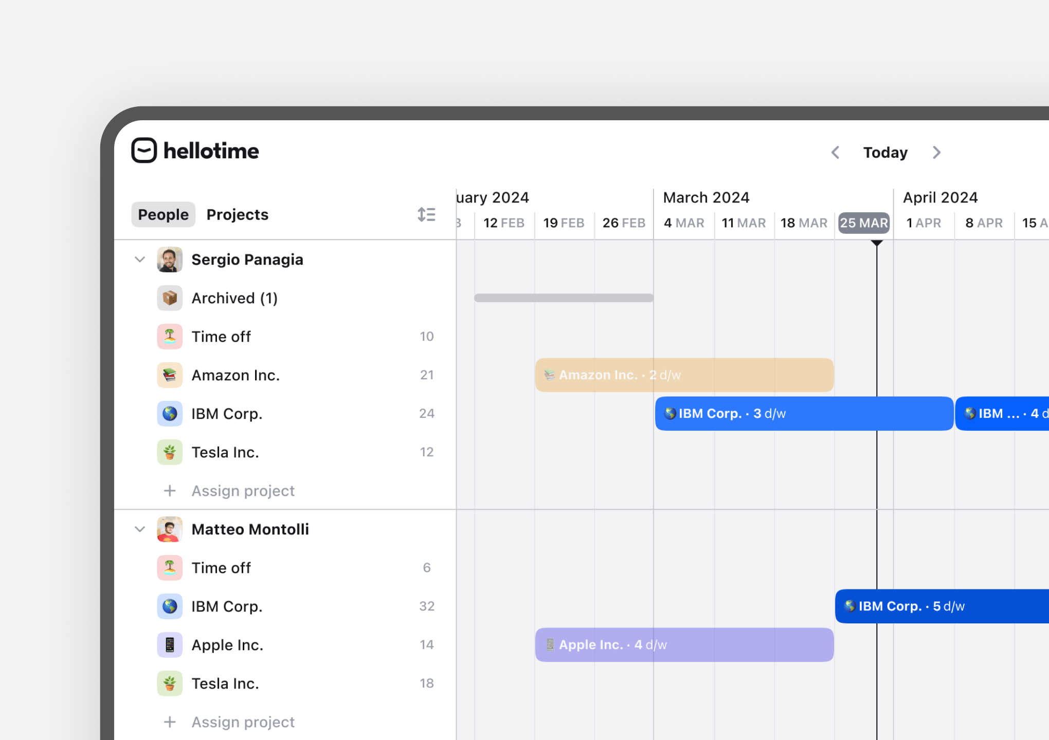 Screenshot of the Hellotime product showing a weekly planning interface with project assignments for two Moze team members.