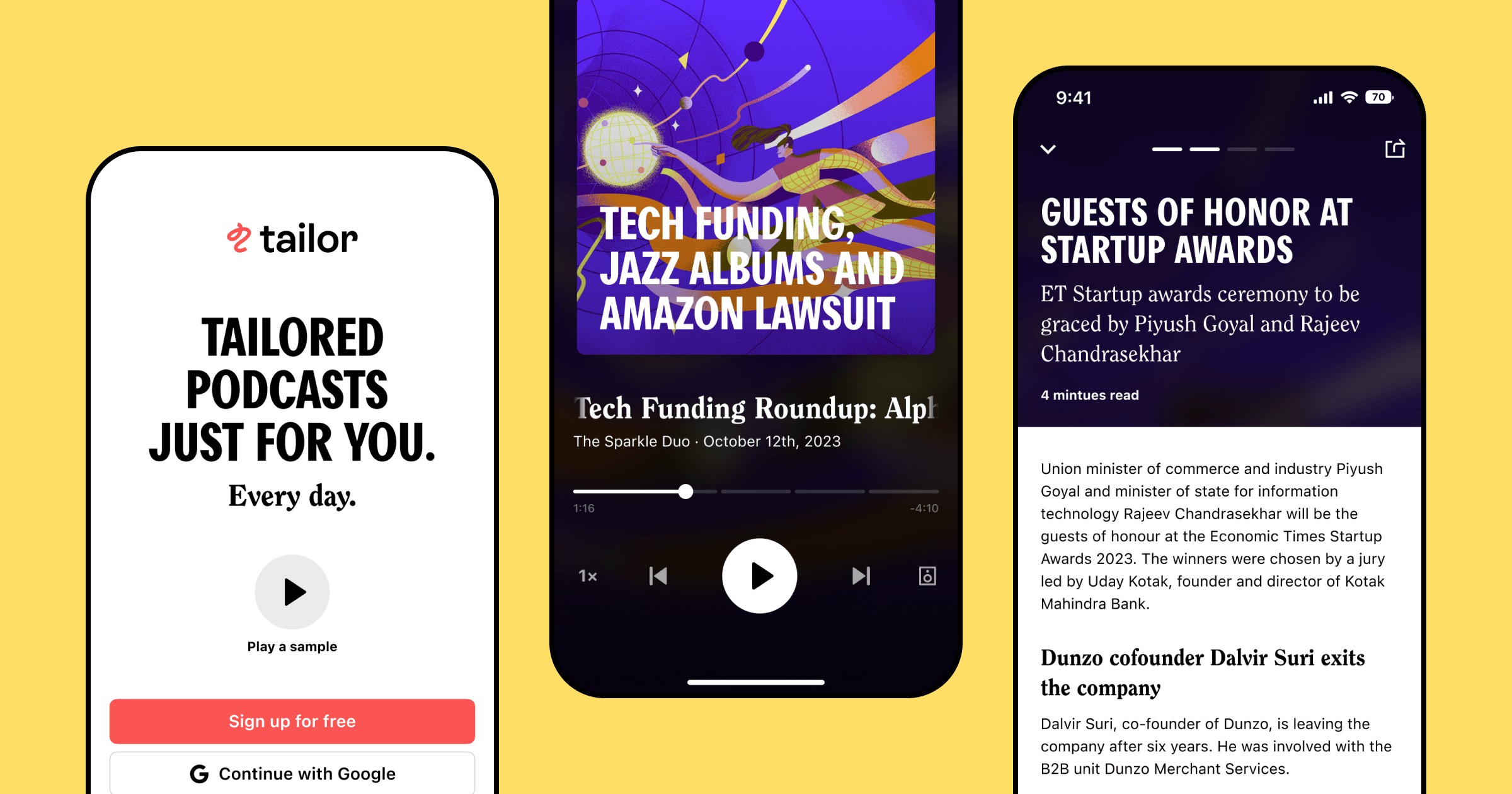 Three mobile screens from the Tailor app showing personalized podcasts, an audio story and a news article.