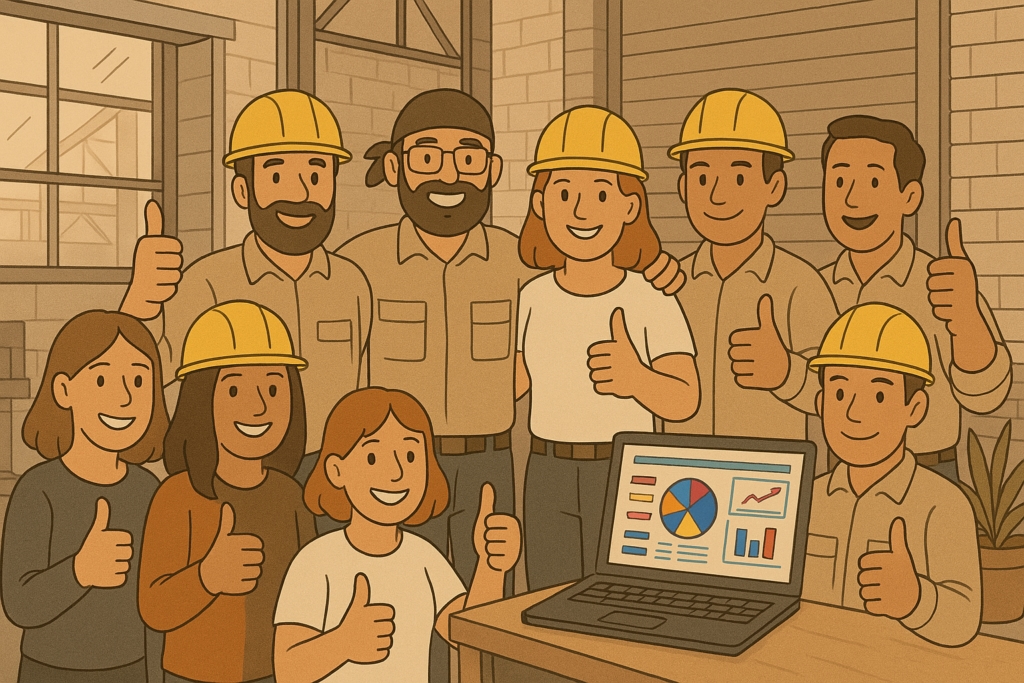 Illustration of an industrial team giving a thumbs-up around a laptop displaying charts.