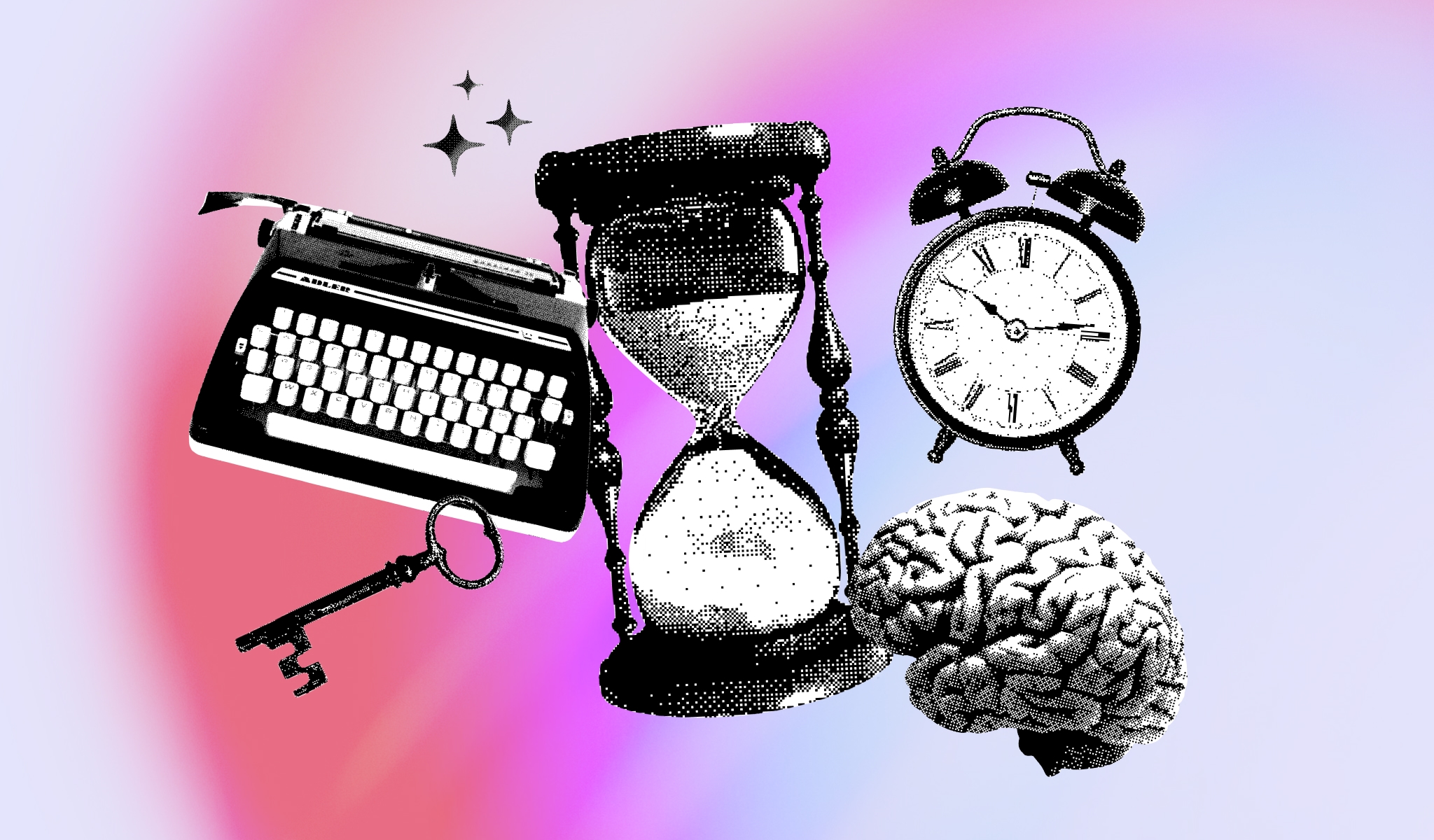 Halftone collage of a typewriter, hourglass, alarm clock, key and brain on a pink and blue background.