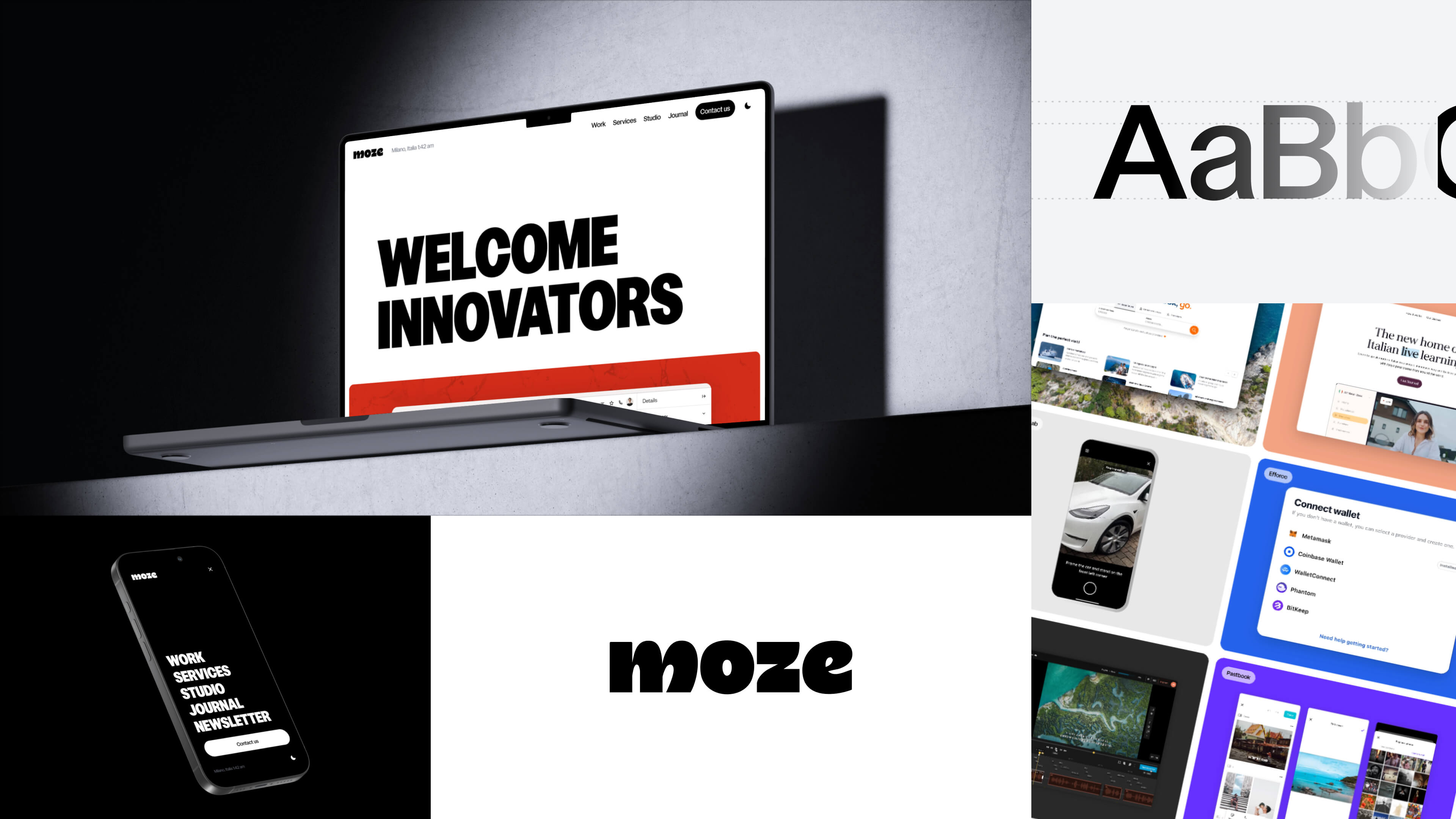 Collage of the redesigned Moze website, mobile menu, logo, typography and selected digital projects.