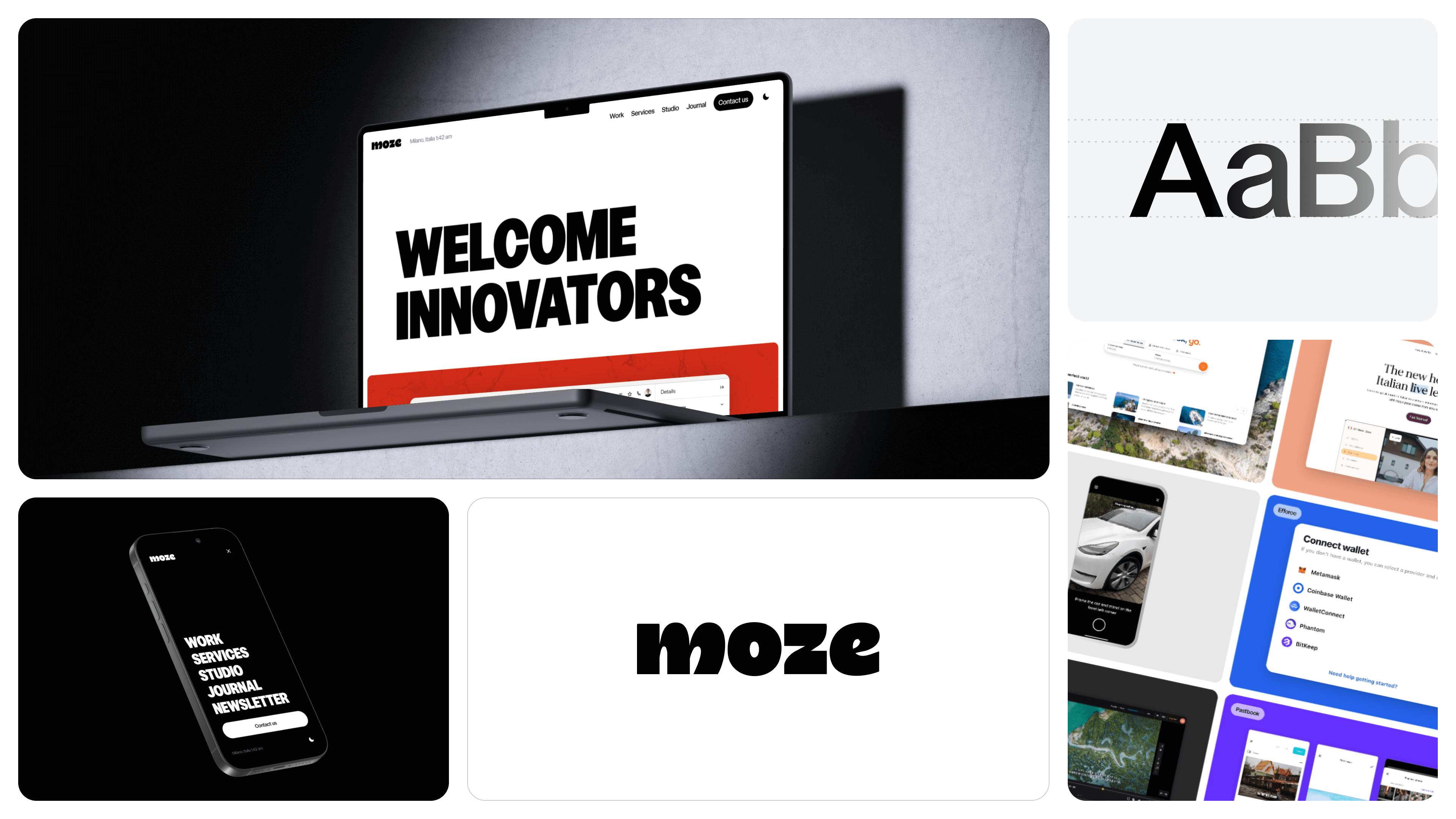 Collage del nuovo sito Moze con menu mobile, logo, tipografia e una selezione di progetti digitali.