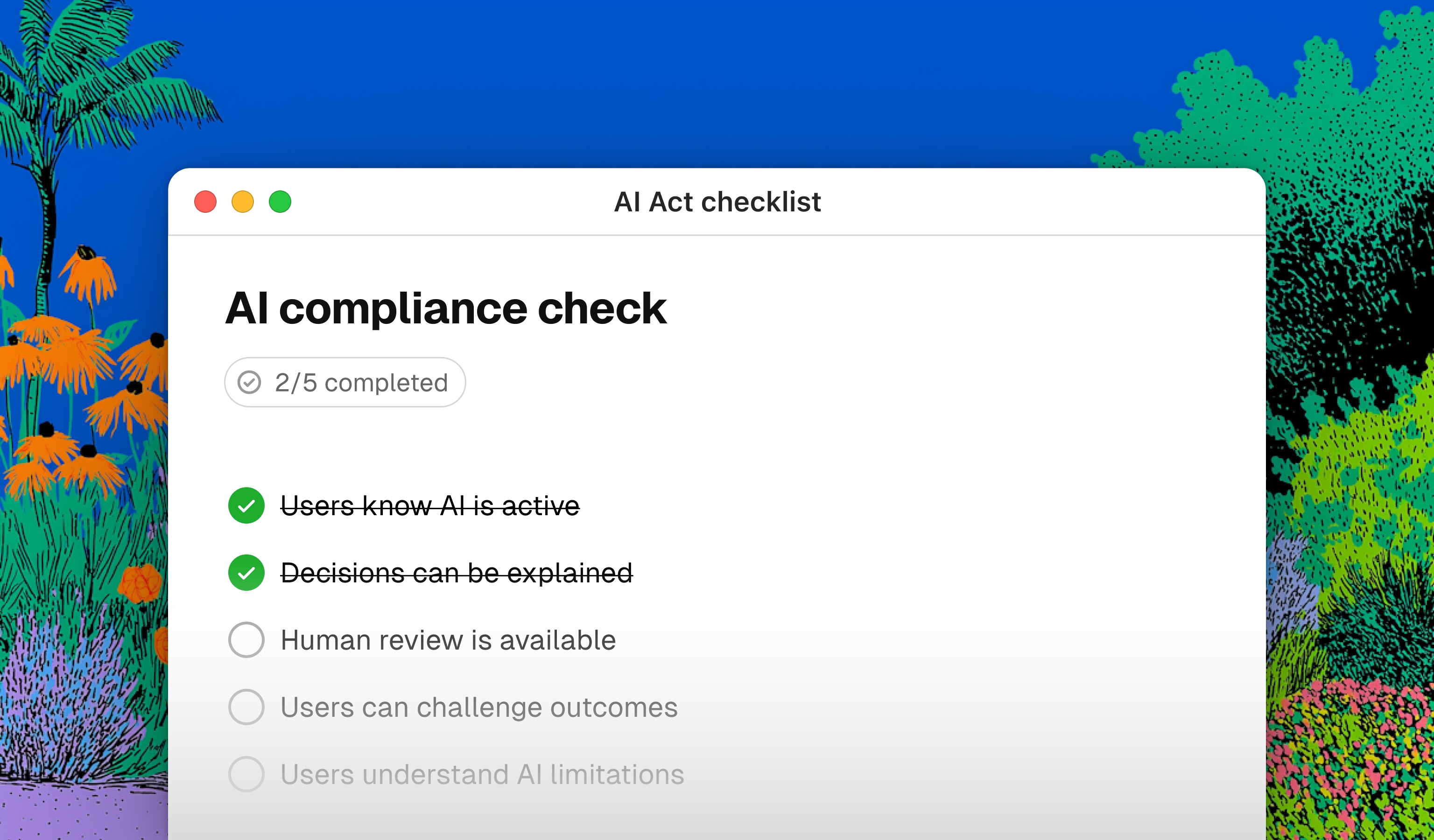 AI Act checklist window with completed compliance checks, surrounded by colorful plant illustrations.