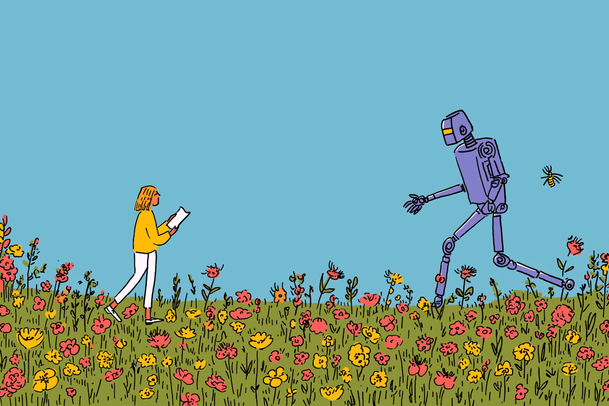 Persona con un foglio in mano che cammina in un prato fiorito verso un robot umanoide.
