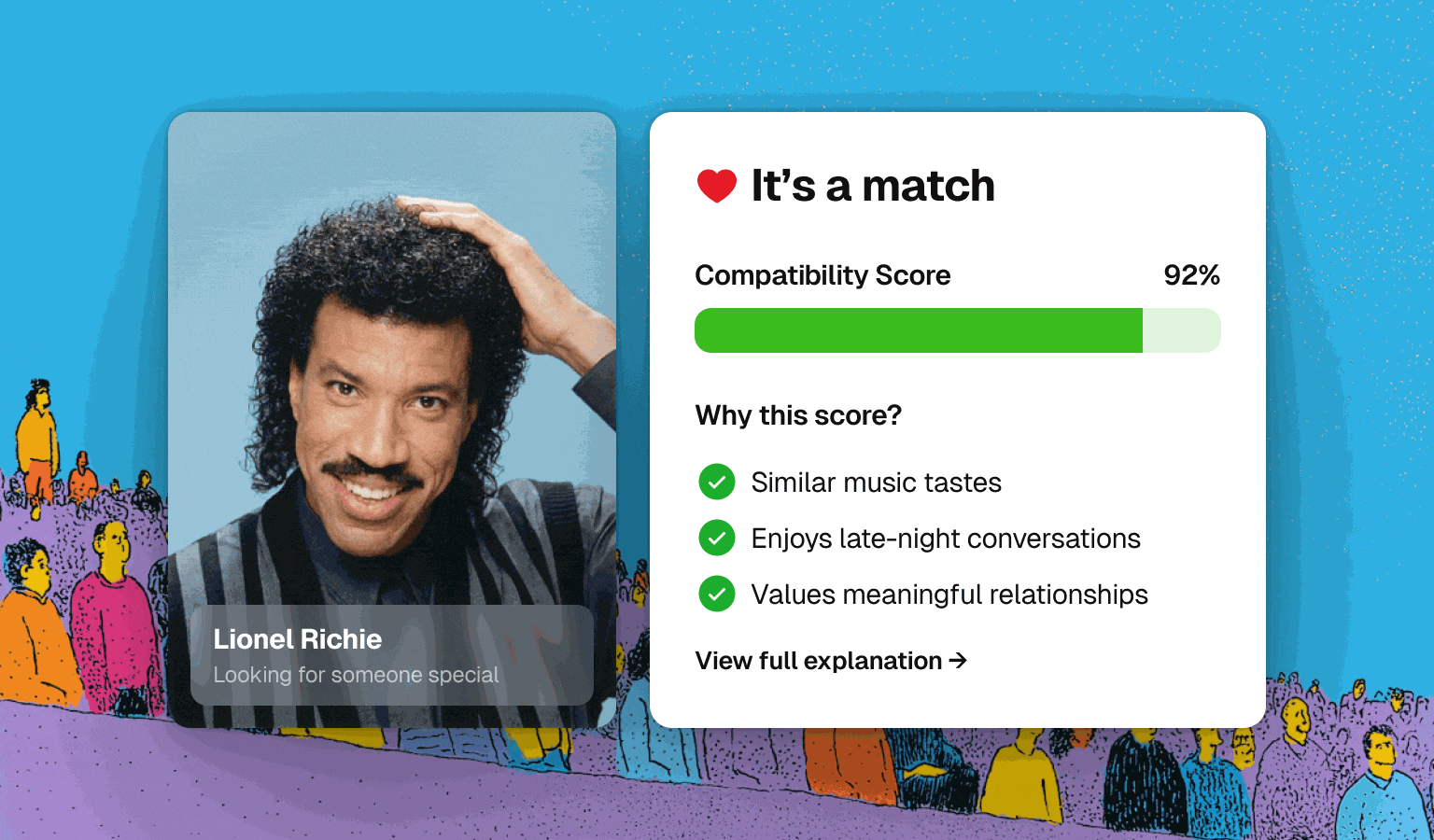 Example matching screen showing a compatibility score and an explanation of the criteria used by AI.