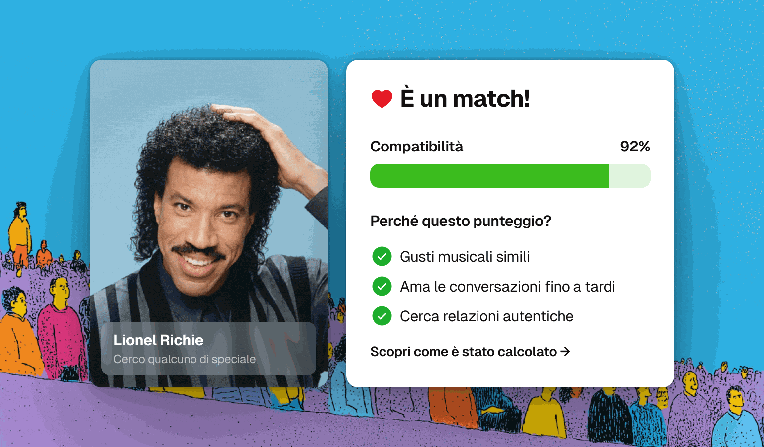 Esempio di schermata di matching che mostra un punteggio di compatibilità e una spiegazione dei criteri usati dall'AI.