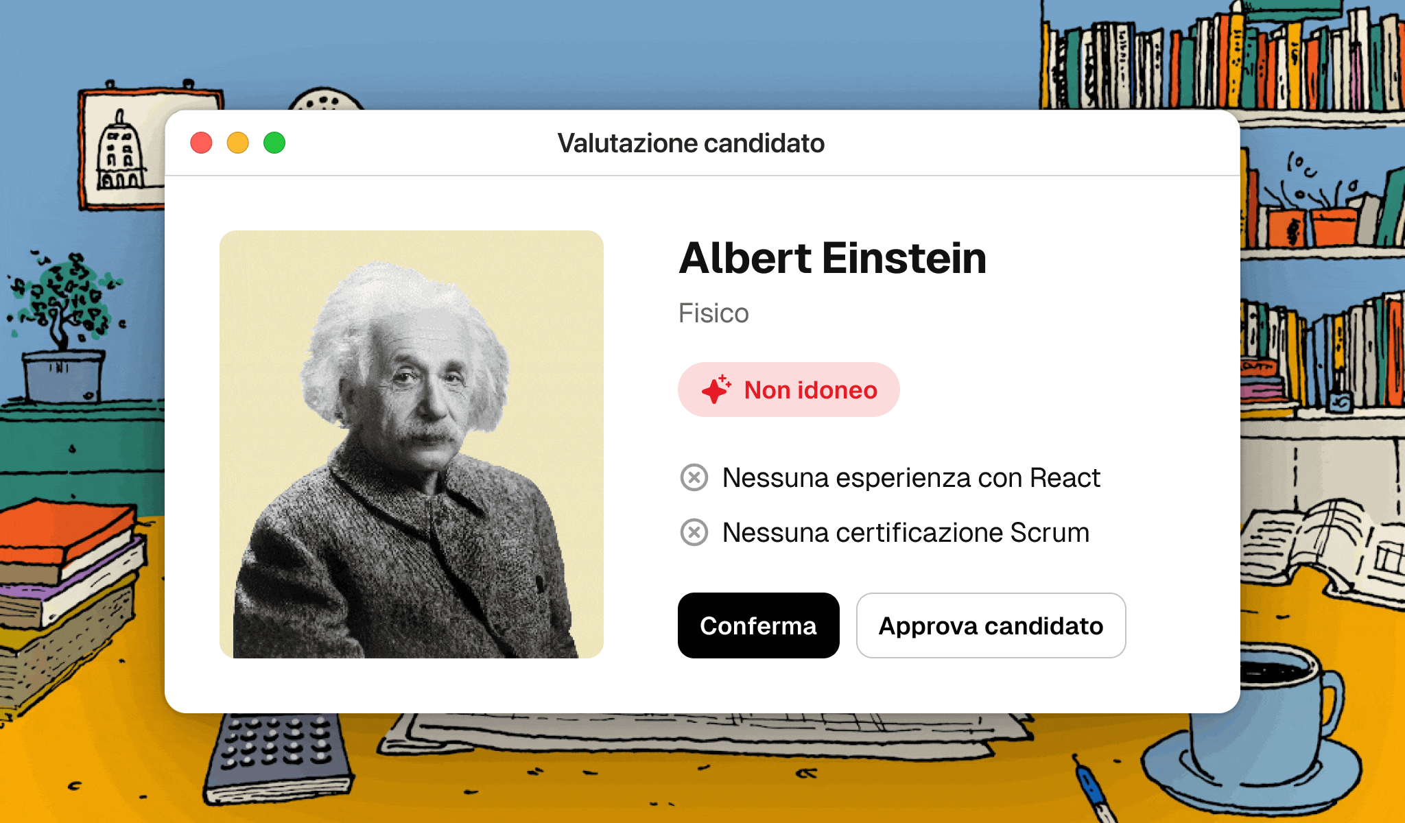 Esempio di valutazione candidato con output AI, motivazioni di non idoneità e controlli per confermare o approvare manualmente.