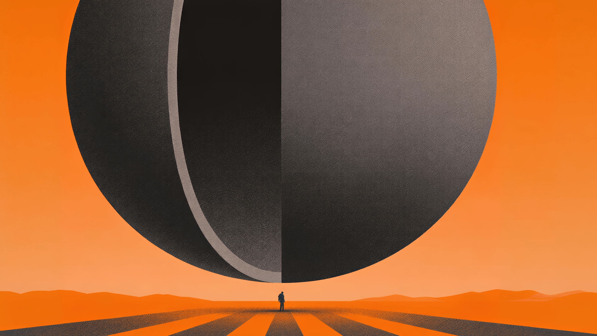 Persona davanti a una grande sfera scura in un paesaggio arancione, a rappresentare aspettative digitali sempre più grandi.