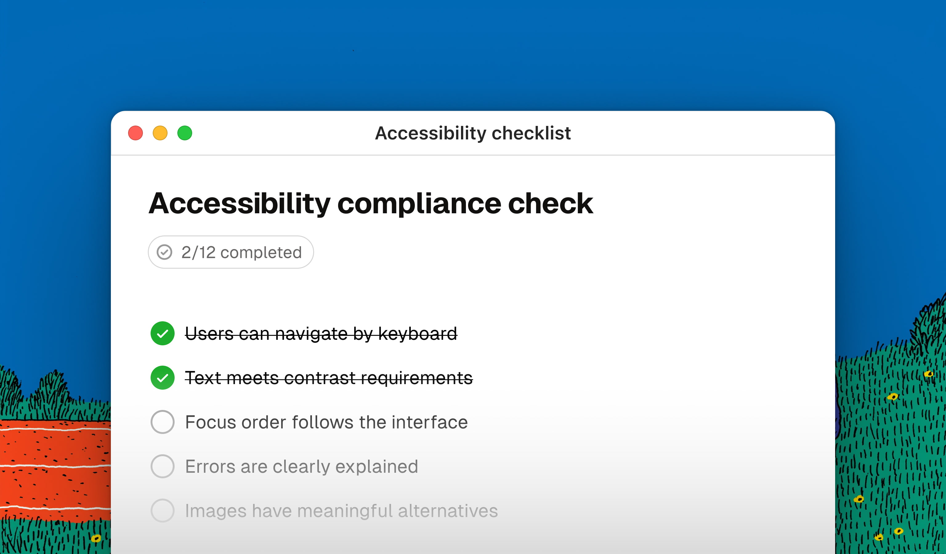 Illustrated window with an accessibility checklist and two completed checks, on a blue background with natural elements.