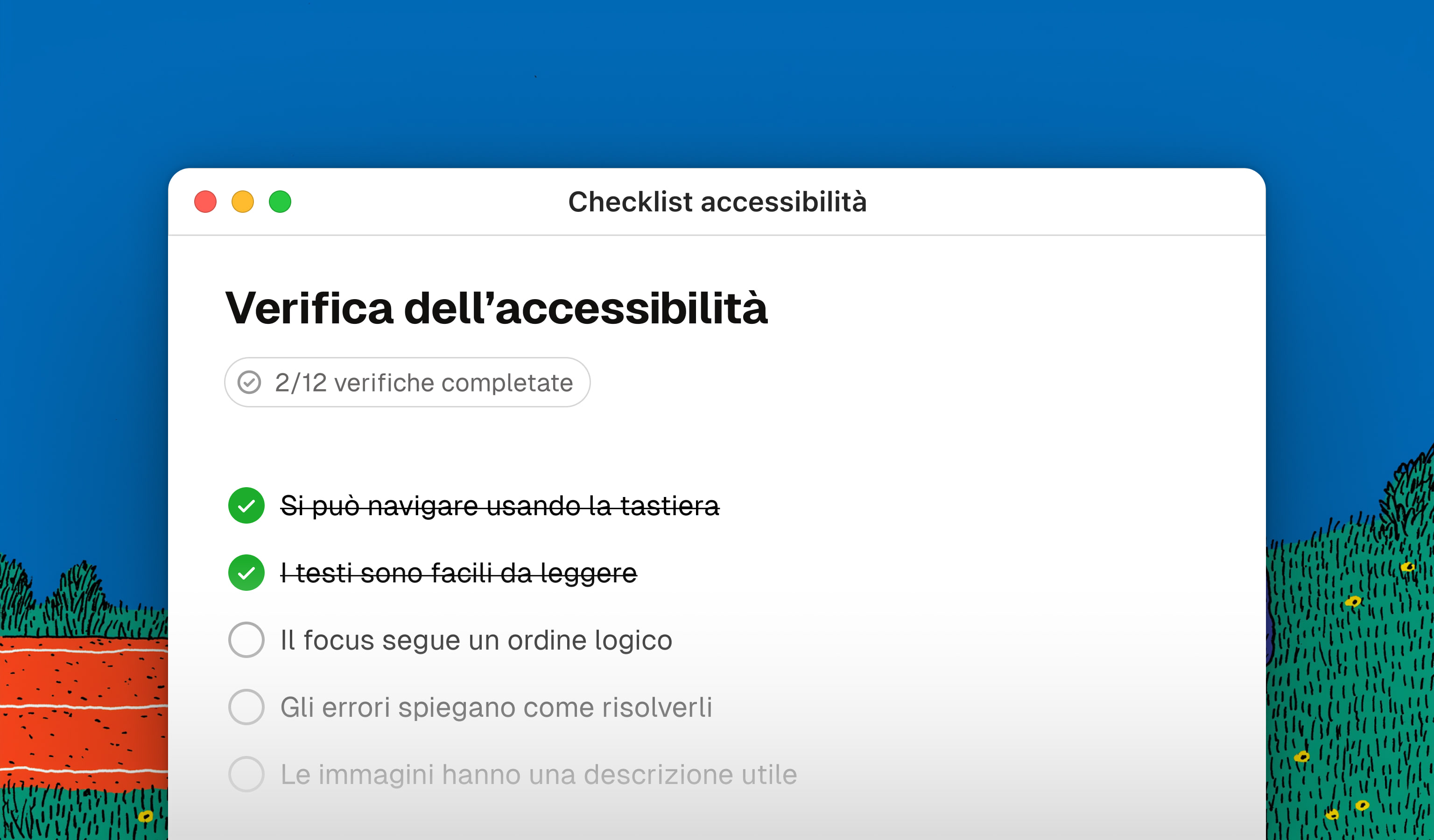 Finestra illustrata con una checklist di accessibilità e due verifiche completate, su sfondo blu con elementi naturali.