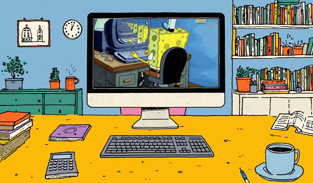 Animation of a desktop workstation with a computer and keyboard.