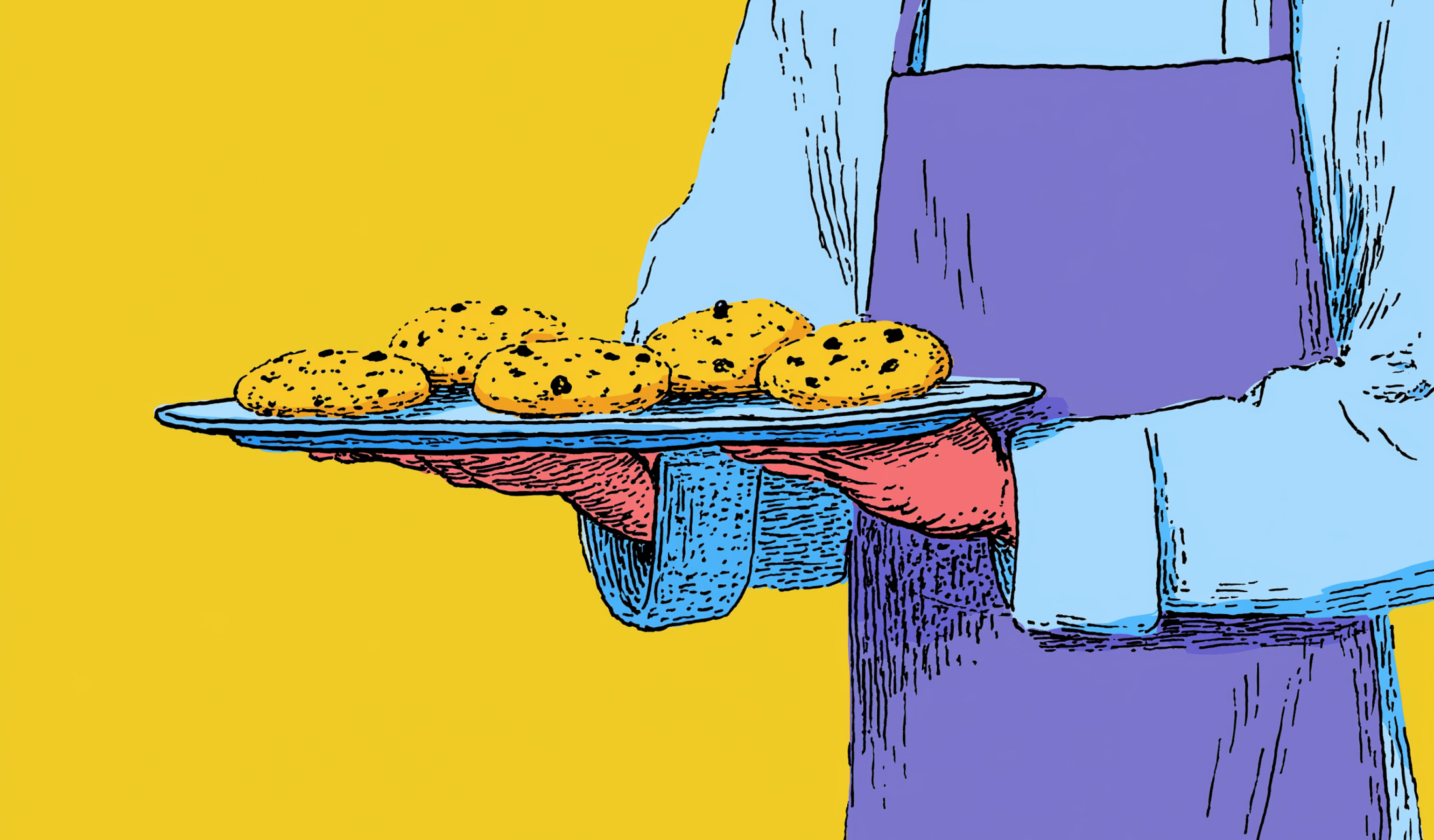 Illustration of a person offering a tray of cookies.