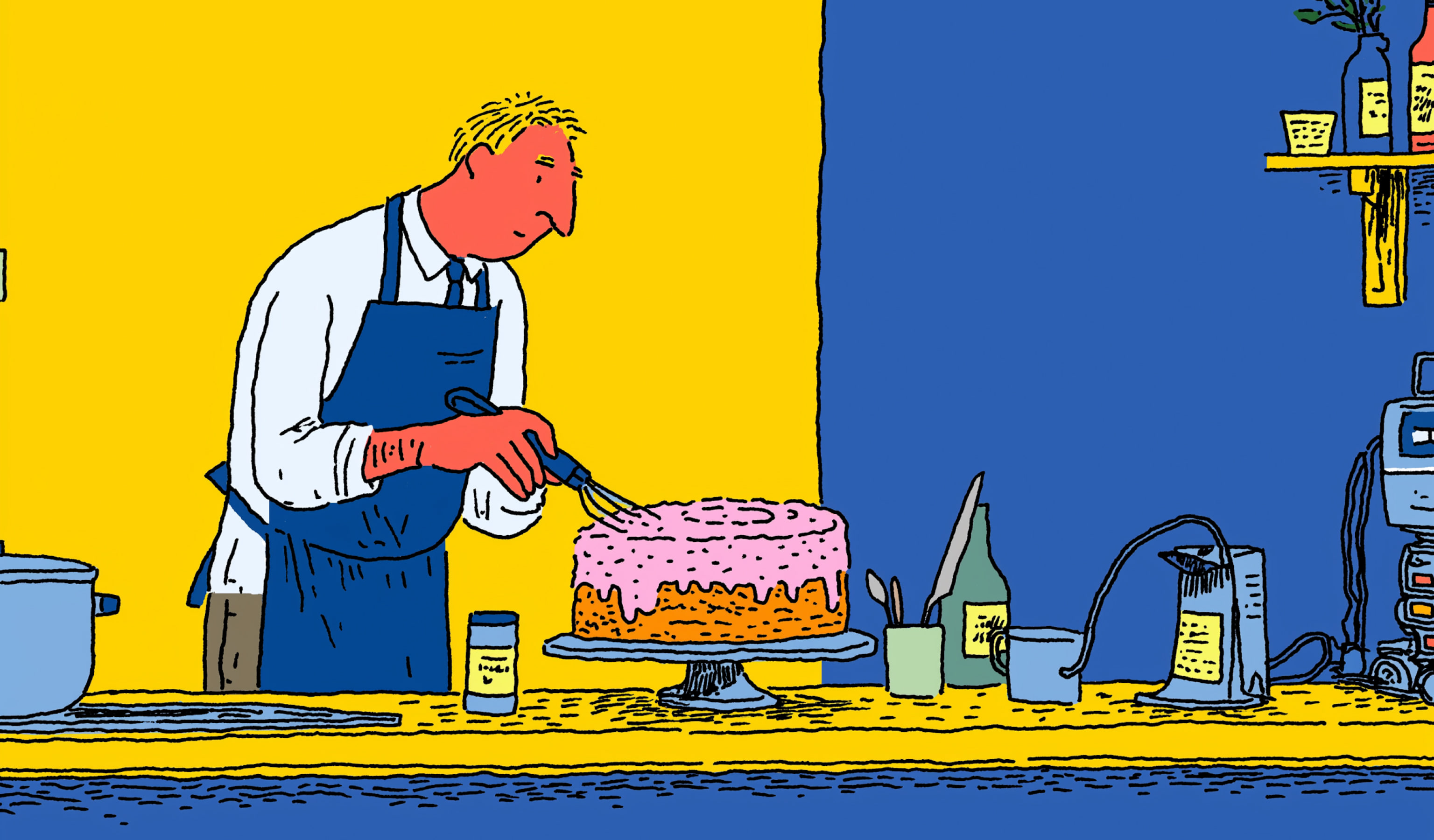 Illustration of a pastry chef decorating a cake beside a computer workstation.