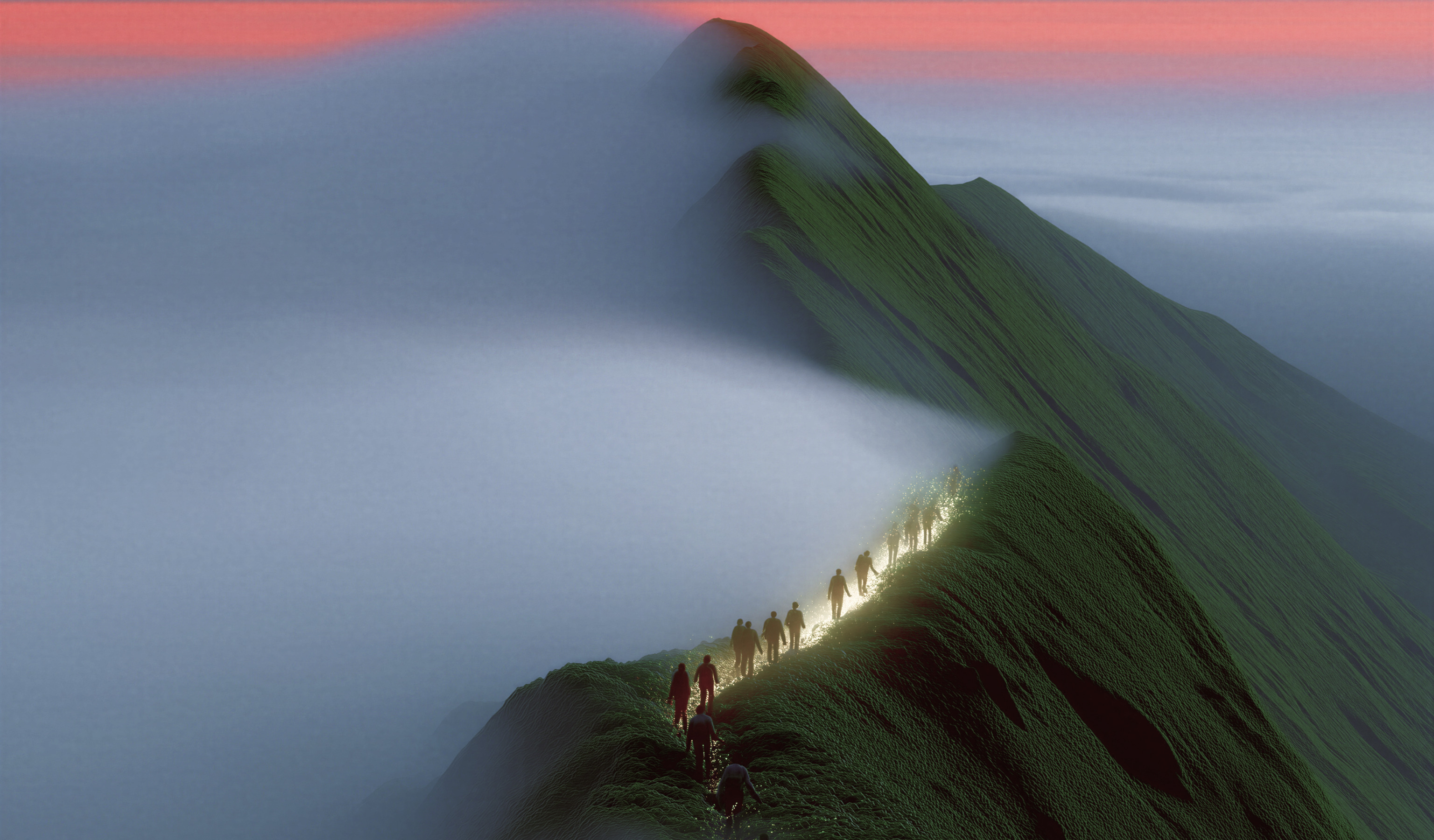 Un gruppo di persone percorre un sentiero luminoso lungo la cresta di una montagna avvolta dalle nuvole.