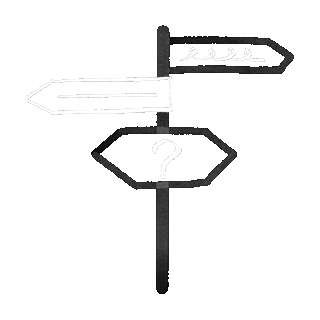 Un cartello disegnato a mano indica direzioni diverse tra cui scegliere.