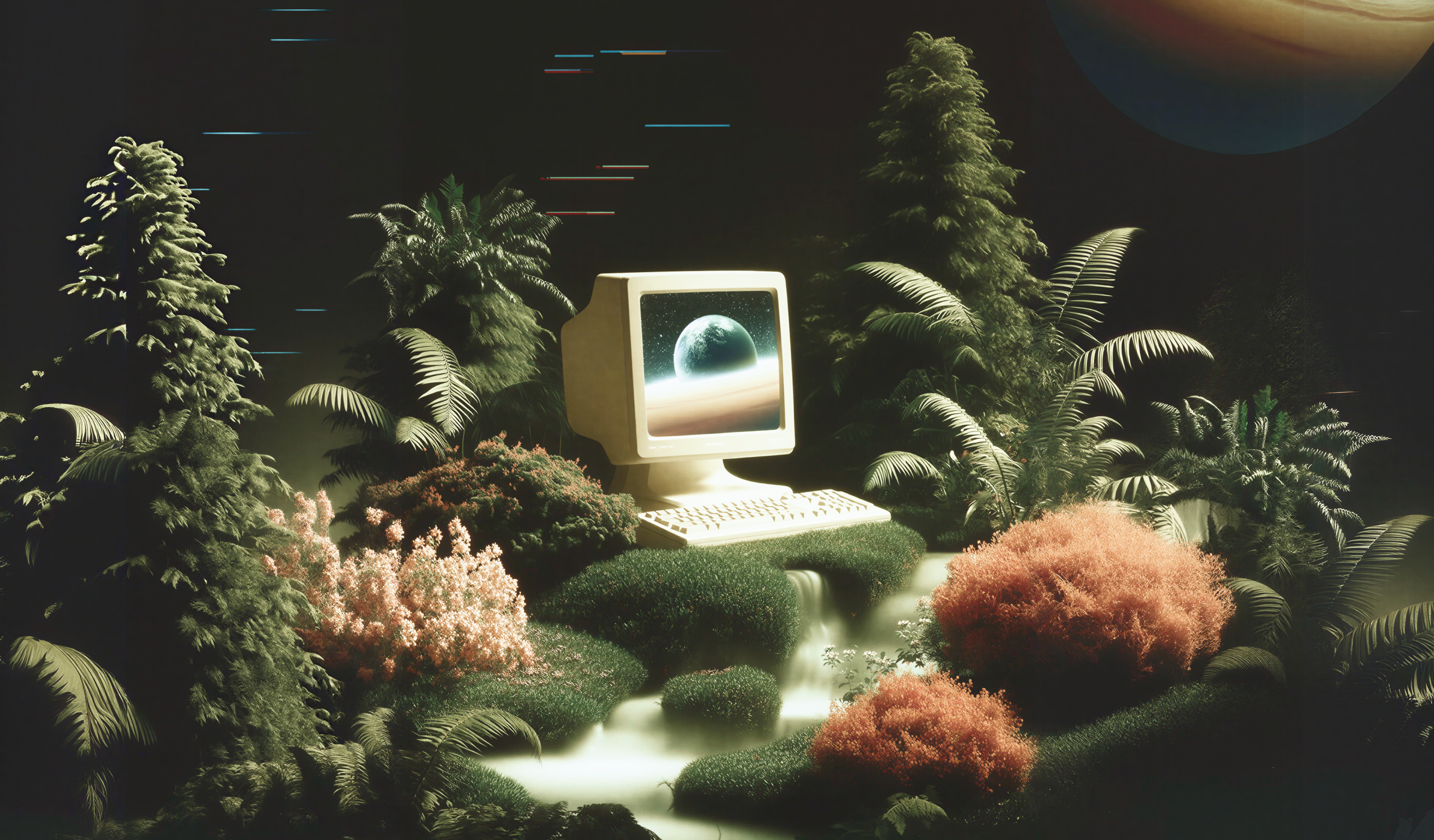 Un computer rétro immerso in un paesaggio surreale di vegetazione e pianeti.