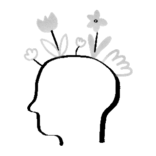 Fiori disegnati a mano crescono dalla sagoma di una testa.