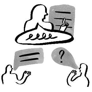Persone disegnate a mano si confrontano condividendo domande e idee.