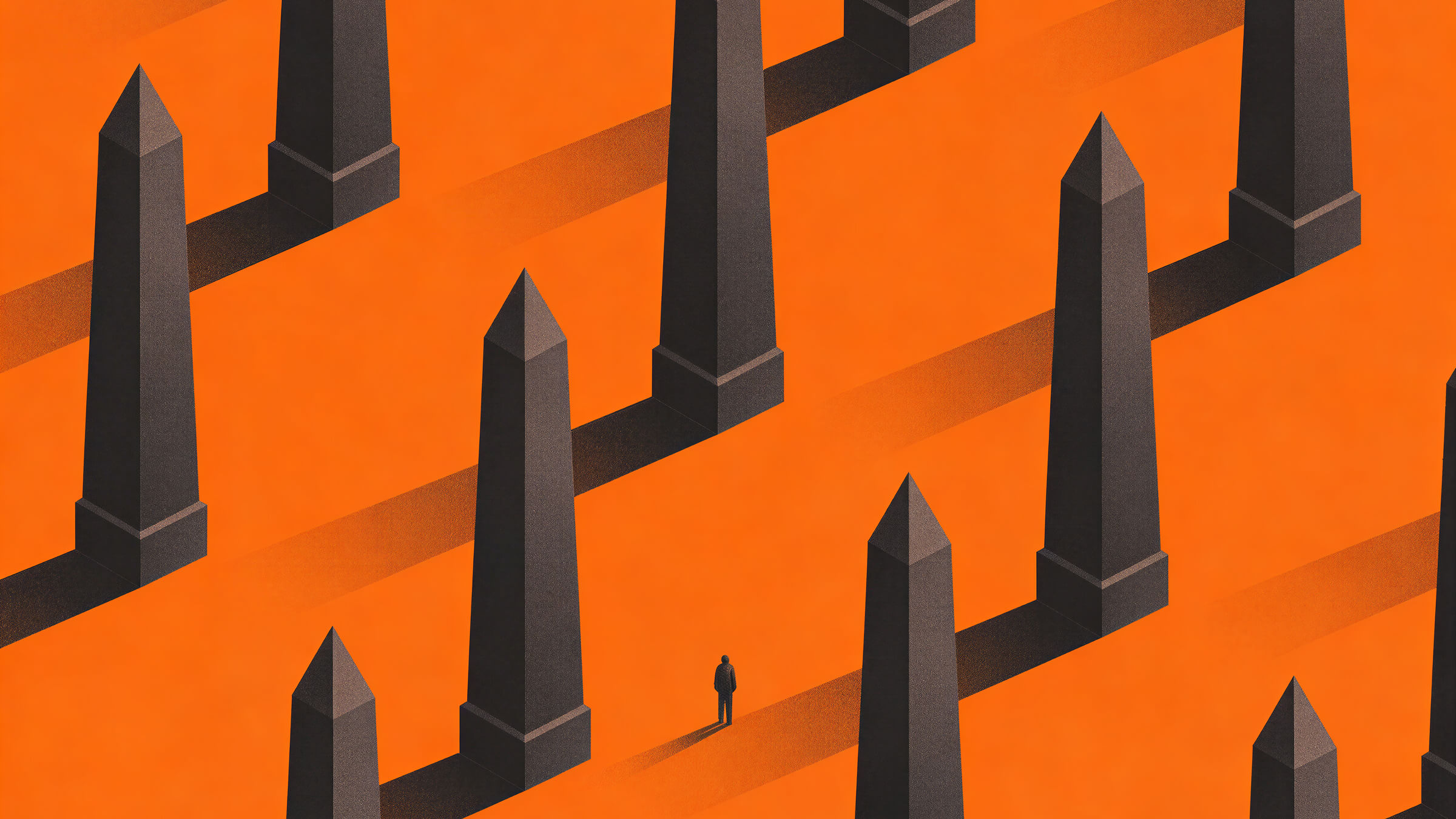 Obelisks arranged in regular rows, with a human figure among the structures.