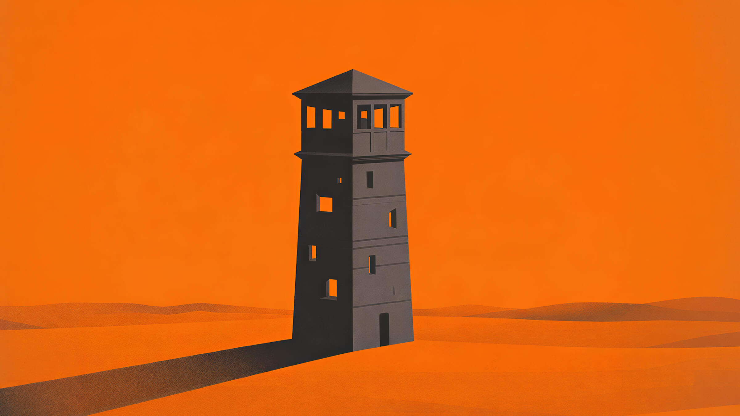 A freestanding tower with windows and a lookout in an orange landscape.