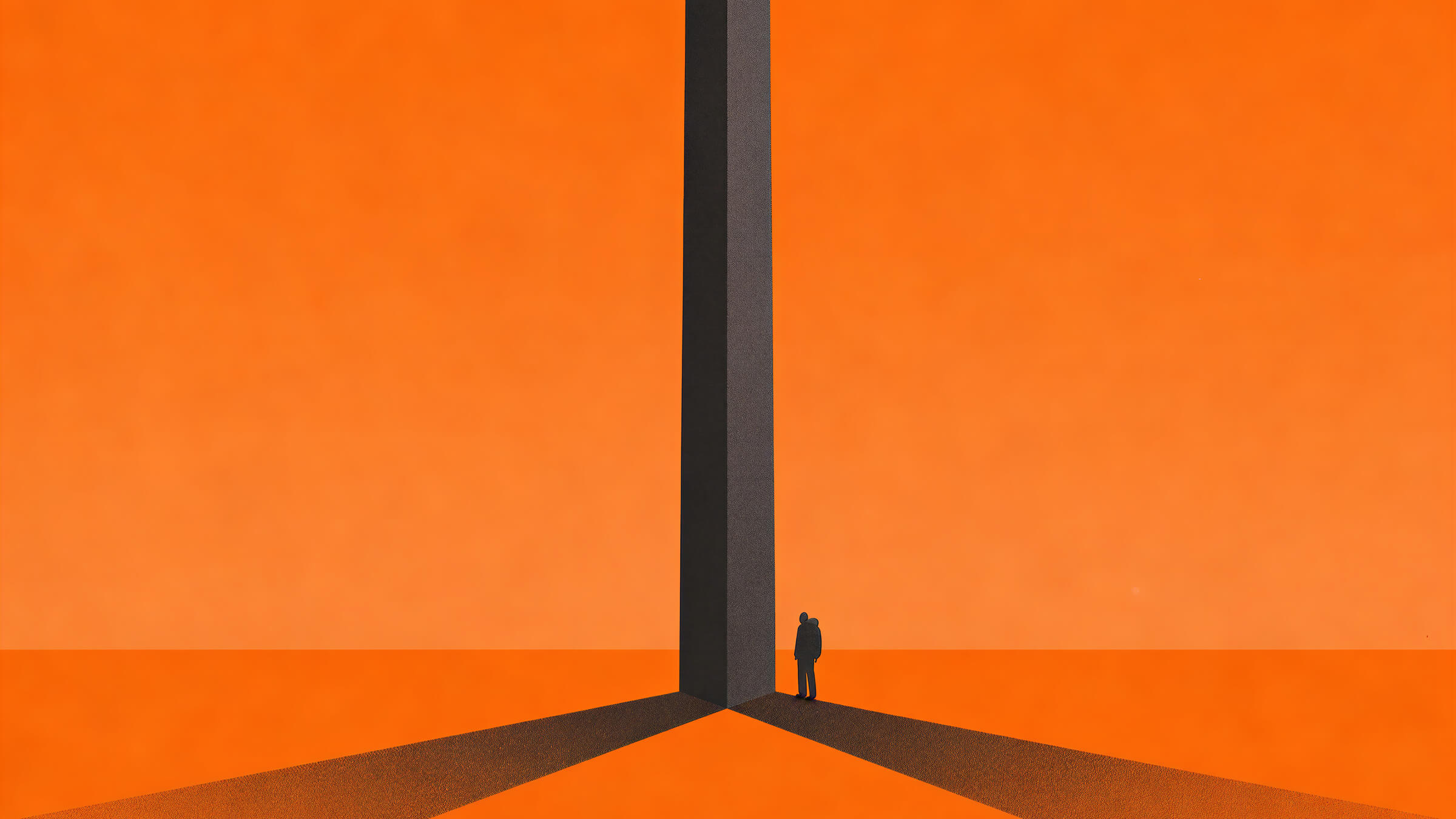 A human figure beside a pillar extending beyond the image, against an orange background.
