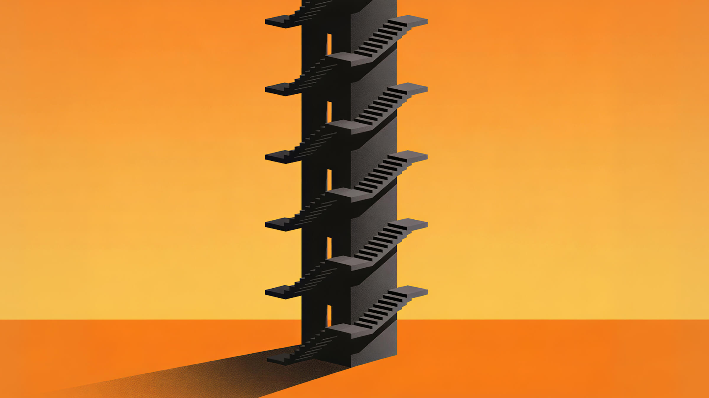 A vertical structure made of repeating stairs and openings against an orange background.