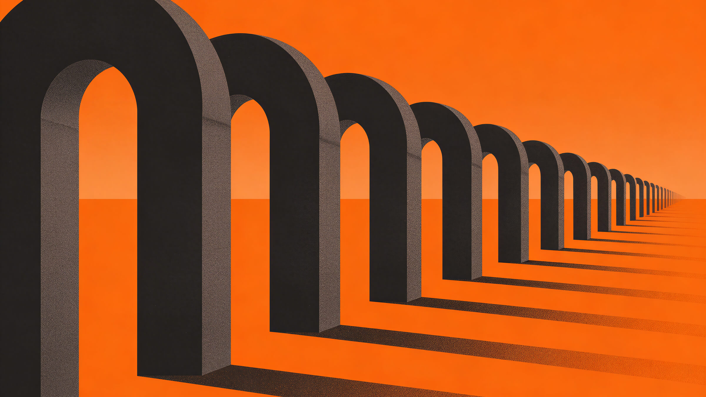 A sequence of dark arches extending towards the horizon across an orange landscape.
