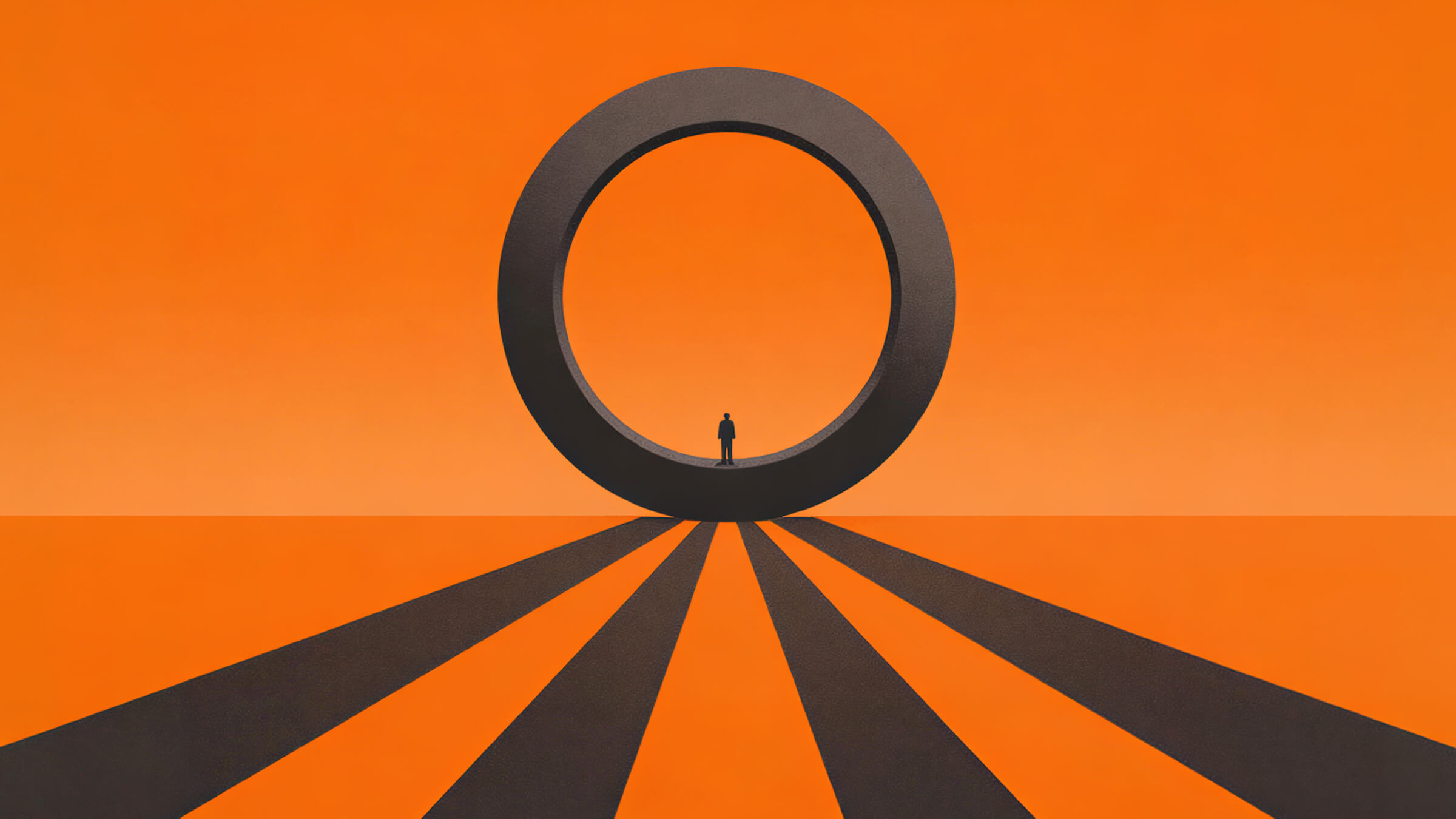 A human figure inside a large dark ring, with shadows stretching across the orange ground.