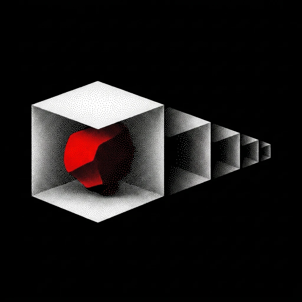 A halftone cube with a red polyhedron inside, followed by a row of empty copies that grow smaller and fainter.