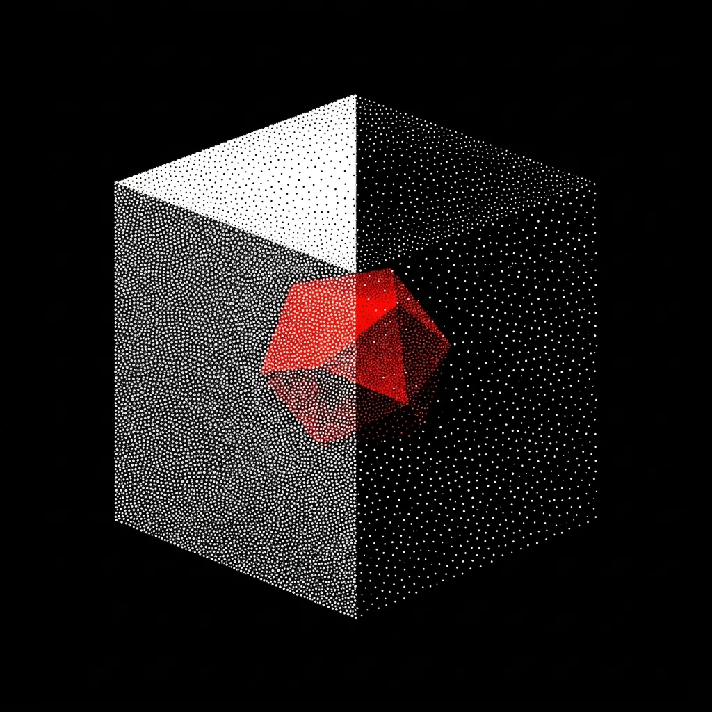 A halftone cube split in two: the left half is dense and full, the right half is sparse and dissolving, with a red polyhedron on the line between them.
