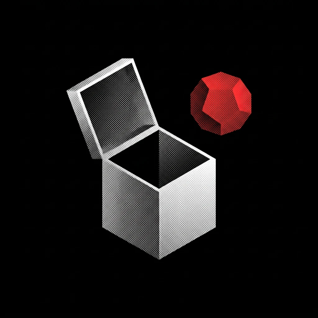 A halftone cube with its lid lifted and nothing inside, next to a red polyhedron that stays outside.