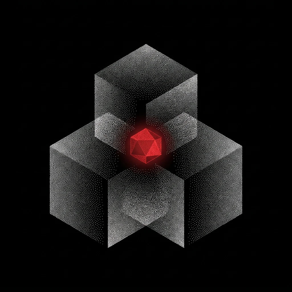 Three translucent halftone cubes overlapping, with a small red polyhedron where they meet.