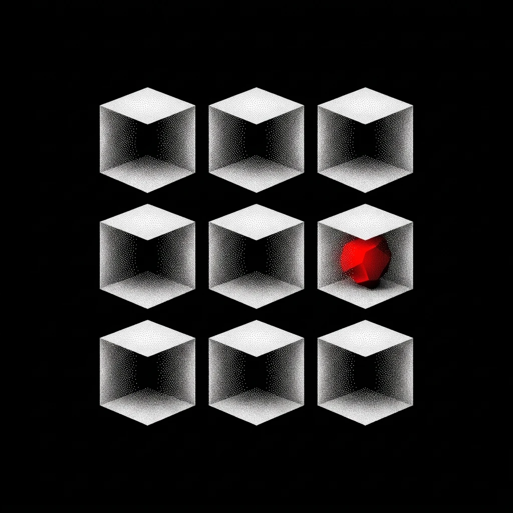 A grid of nine identical empty halftone cubes, except for one that holds a red polyhedron.