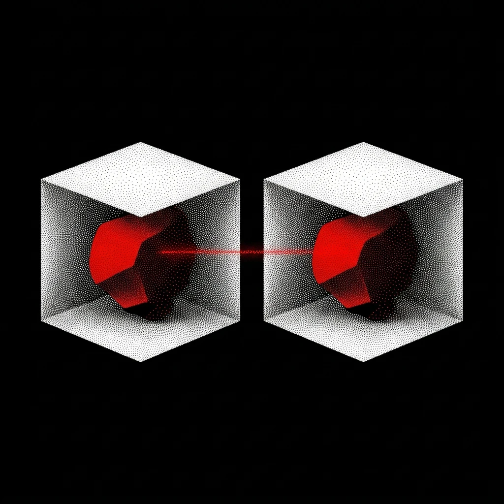Two halftone cubes side by side, each with a red polyhedron inside, joined by a thin red line.