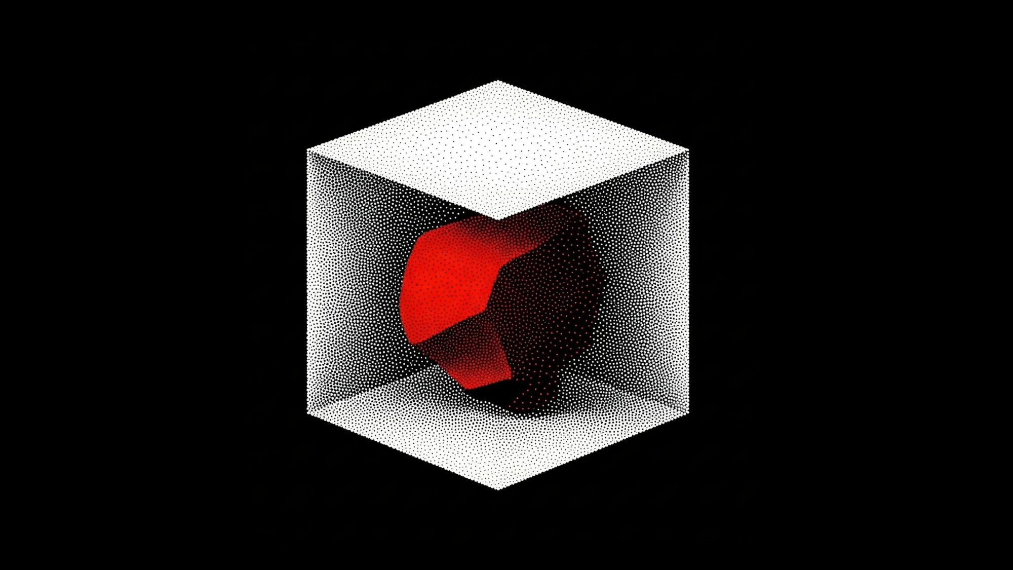A cube rendered in white dots on a black background, with a red polyhedron inside.