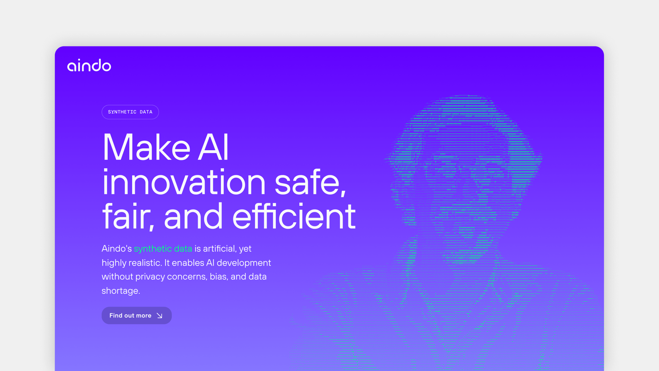 Schermata del sito Aindo con messaggio sull’uso di dati sintetici per un'innovazione AI sicura ed equa.