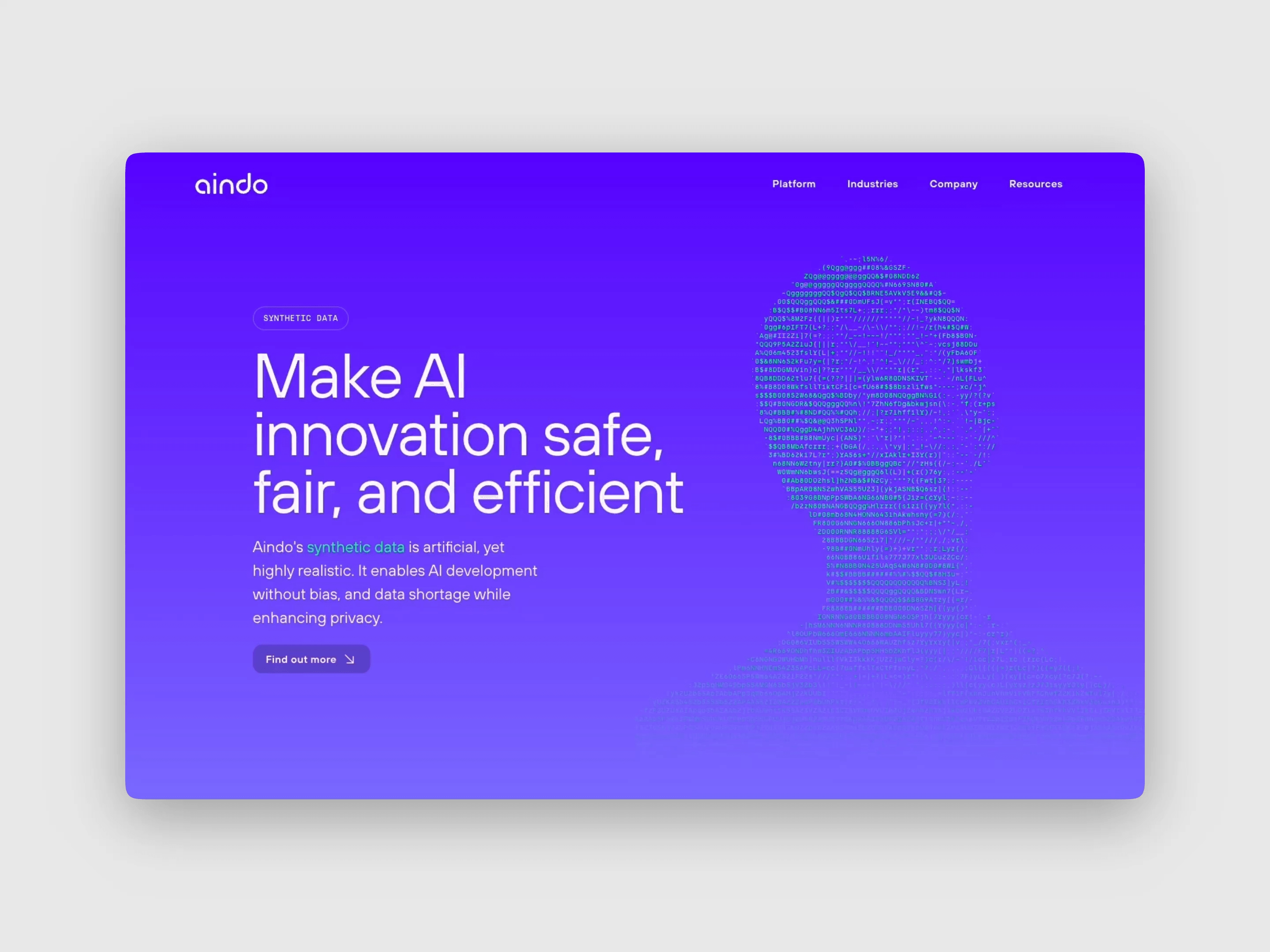 Screenshot of the Aindo website promoting synthetic data for safe and fair AI innovation.