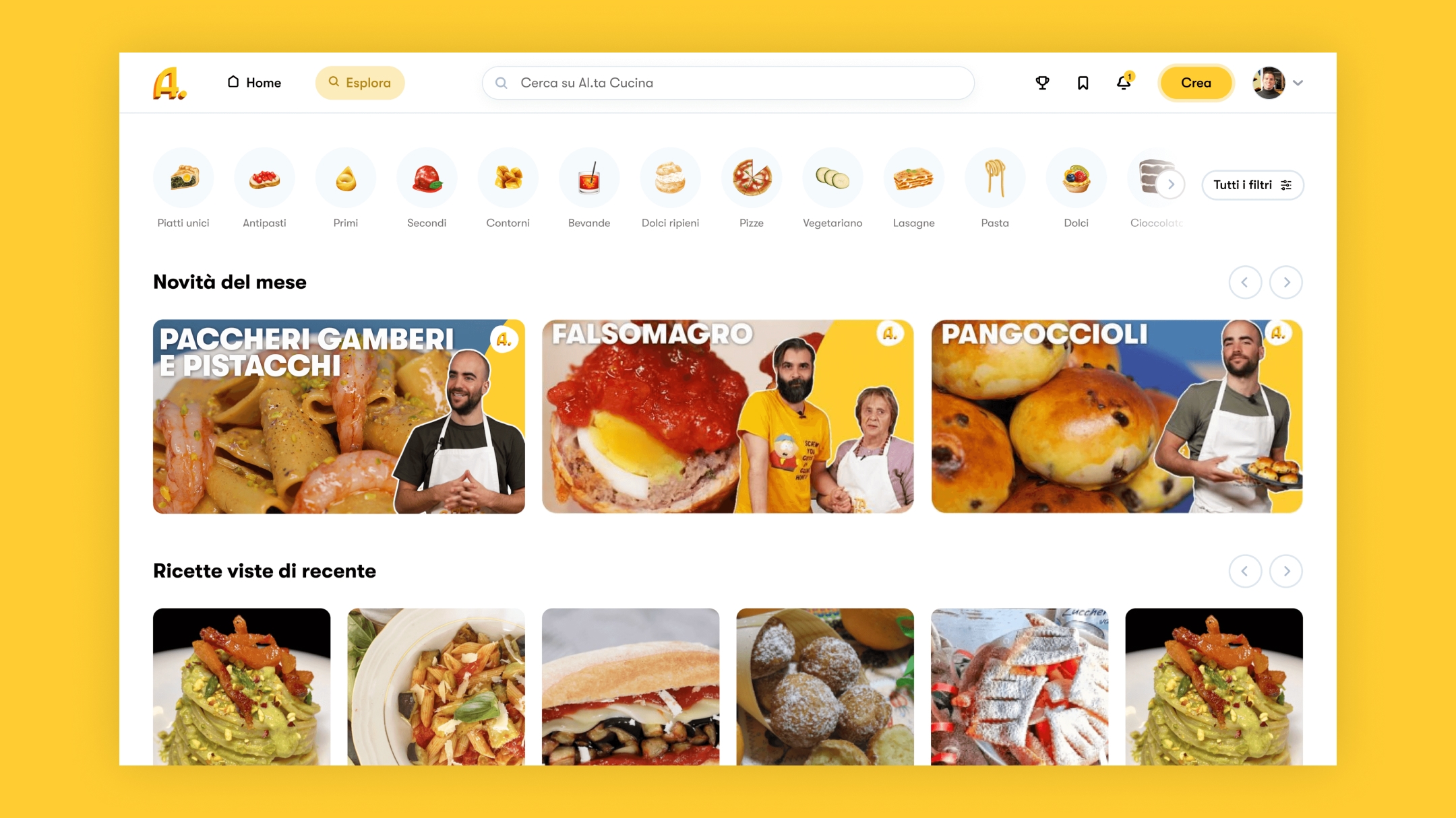 Schermata del sito Al.ta Cucina con anteprime di ricette e video culinari in evidenza.