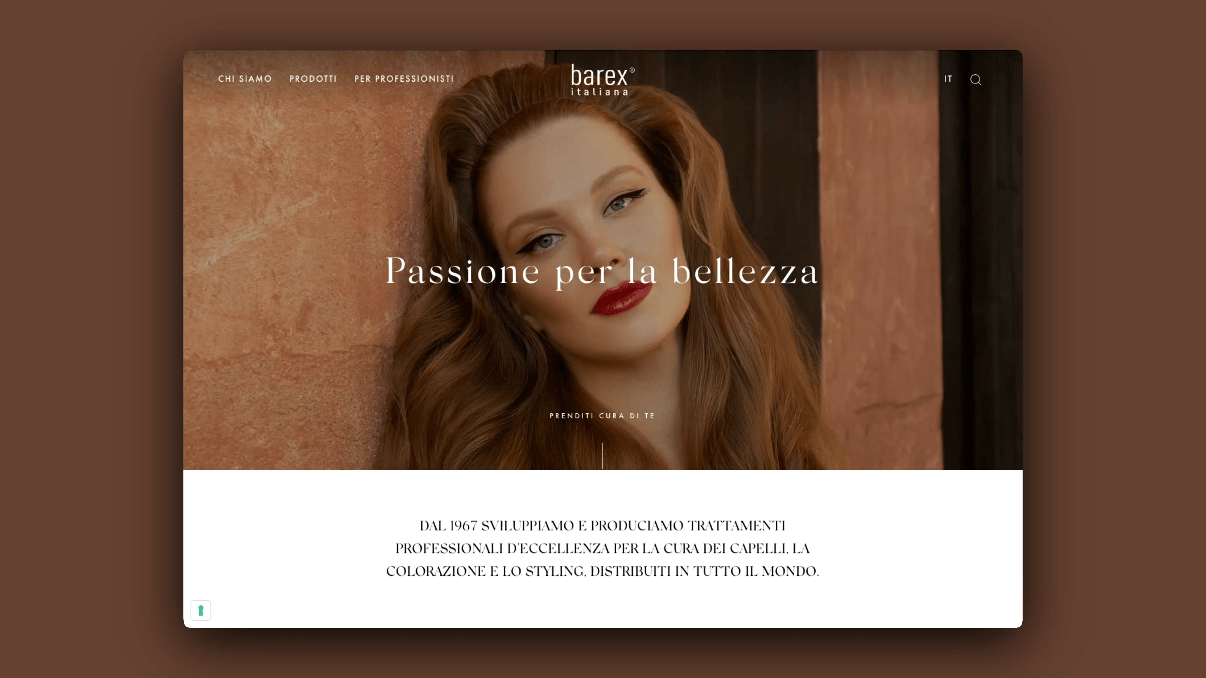 Barex Italiana homepage featuring a close-up of a model and the text “Passion for beauty”.