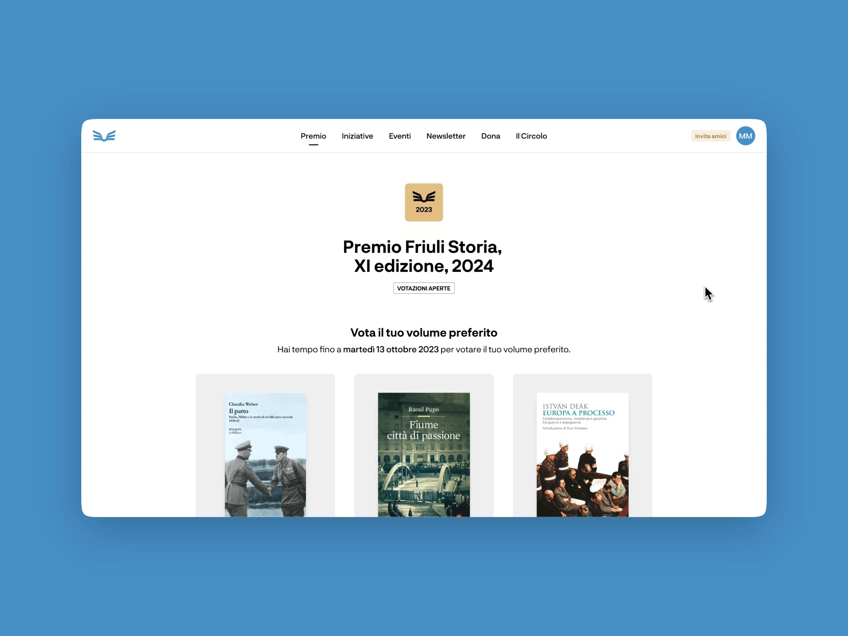 Schermata del sito del Premio Friuli Storia 2024 con libri in concorso e invito a votare il volume preferito.
